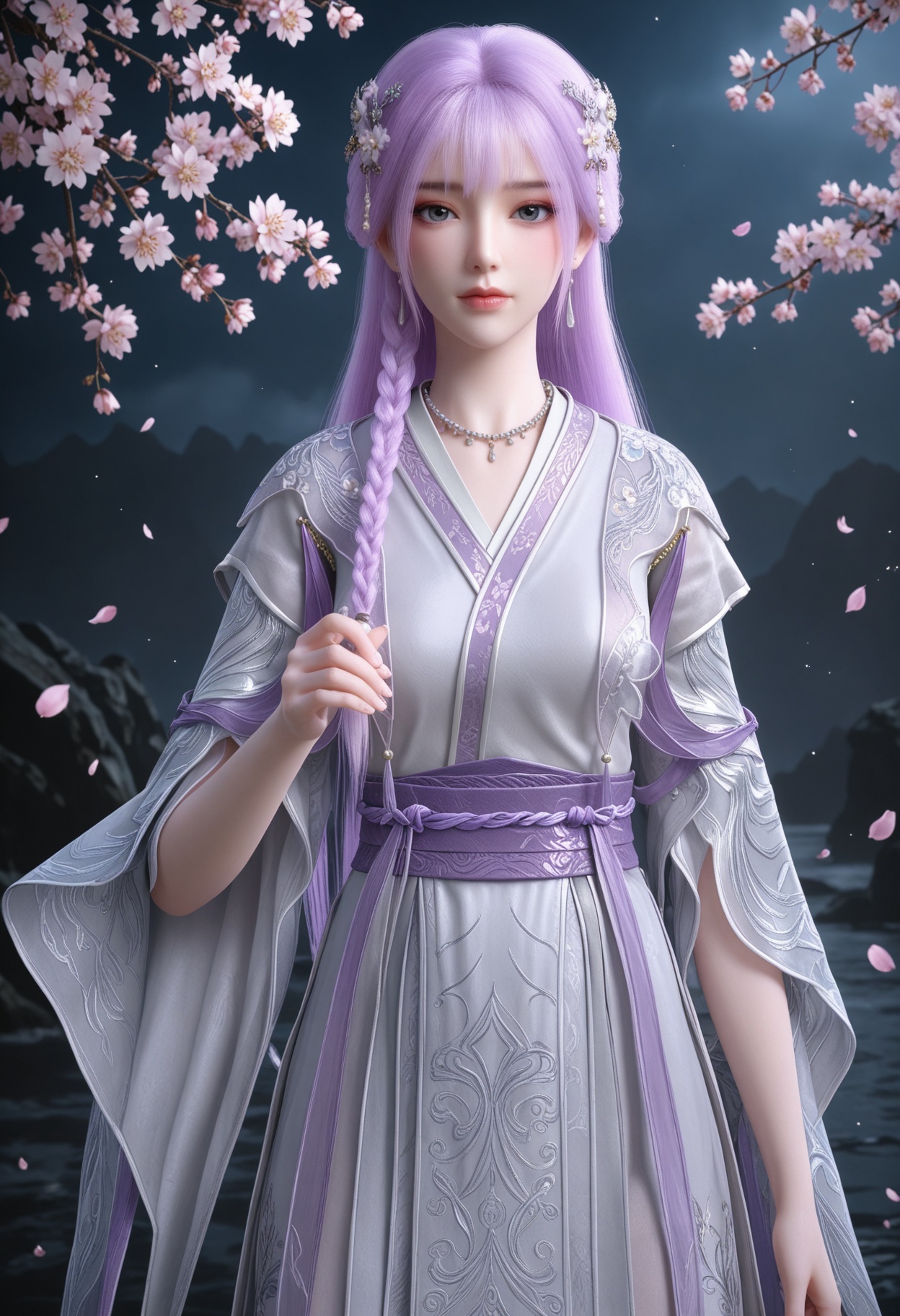 (cowboy shot:1.2),(looking at viewer:1.1),masterpiece,(best quality),smog,Dark room,dim lighting,peach blossom,falling petals,<lora:YQ_Illustrious光辉v5_天穹_少女_V1:0.8>,q1528437228,1girl,solo,long hair,purple hair,jewelry,hair ornament,earrings,braid,necklace,dress,hair flower,blue eyes,pink hair,chinese clothes,green eyes,side braid,grey eyes,japanese clothes,wide sleeves,long sleeves,sash,robe,