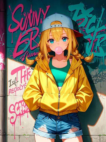 (masterpiece, best quality, sharp focus:1.3),**petite girl** standing casually against graffiti-covered wall,**blonde hair in twin braids**,**baseball cap worn backwards**,backwards hat,**blowing pink bubblegum bubble**,chewing gum,relaxed posture with **hands in denim shorts pockets**,**unzipped oversized yellow jacket** with multiple cargo pockets,**sleeveless green knit crop top**,denim shorts,sunny daylight,vibrant summer atmosphere,sharp shadows,detailed graffiti art background,street photography style,dynamic pose,slight smile,freckled cheeks,natural lighting,