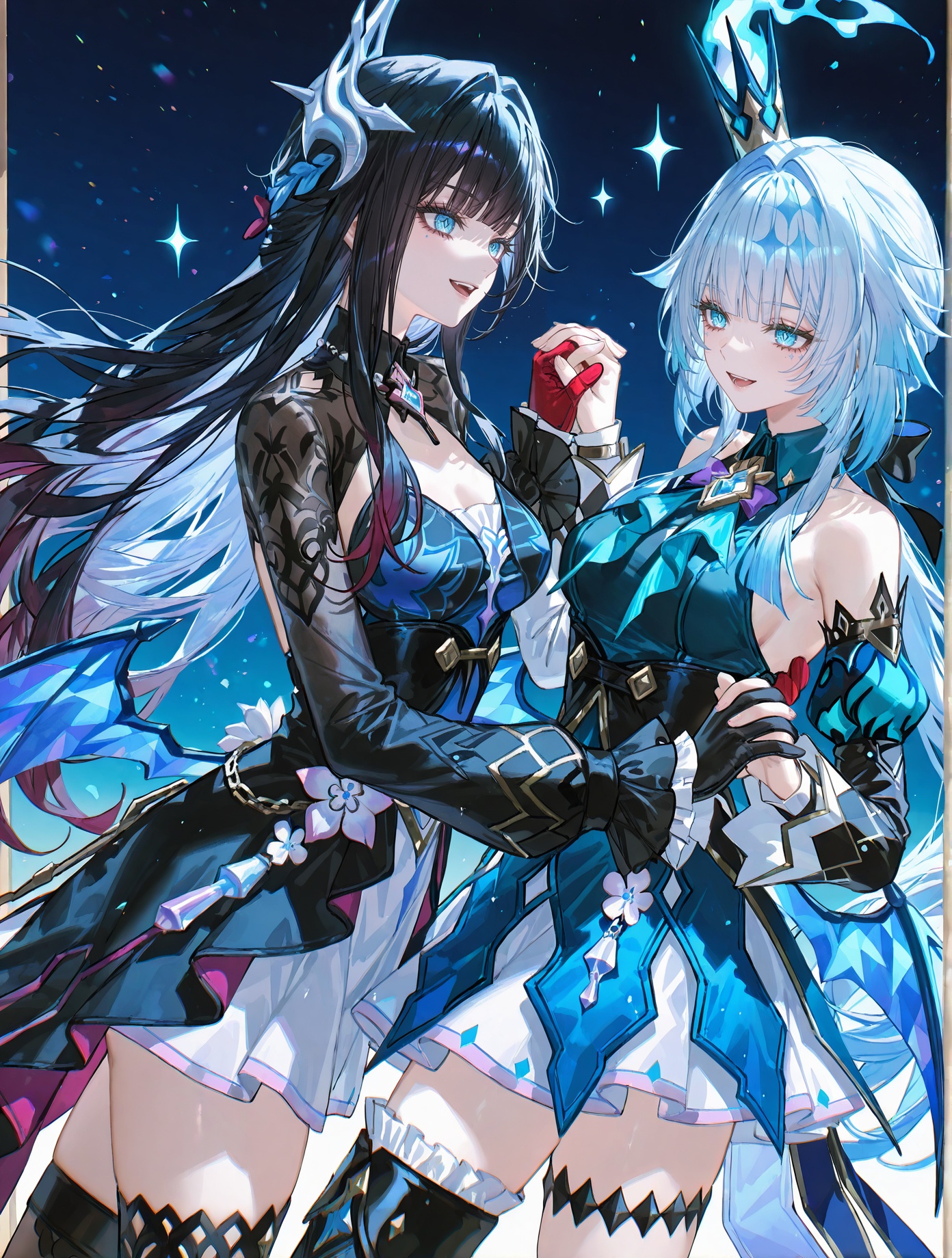 8k,best quality,masterpiece,(ultra-detailed),(high detailed skin),artist:john kafka,(artist:wanke:0.9),artist:fuzichoco,artist:quasarcake,(artist:nixeu:0.8),very aware,<lora:Cerydra-Hysilens-ill-Tanger:0.8>,2girls,Hysilens and Cerydra BREAK(Cerydra \(Honkai: Star Rail\),clothes: Cerydradef blue-and-black dress,Cerydradef crown,Cerydradef  blue low wings,1girl,blue hair,Cerydradef detached sleeves,blue eyes,multicolored hair,Cerydradef single black thighhigh,single right thighhigh,left thigh strap:1.1),BREAKHysilens \(Honkai: Star Rail\),silver face scale,1girl,long hair,blue eyes,black hair,Hysilensdef hair ornament,bangs,breasts,clothes: Hysilensdef white-and-black dress,Hysilensdef thighhighs,Hysilensdef mismatched gloves,long sleeves,black left glove,red right glove BREAKartist name,cowboy shot,dancing,facing another,hand on another's back,holding hands,interlocked fingers,looking at another,open mouth,blue background,short sleeves,smile,