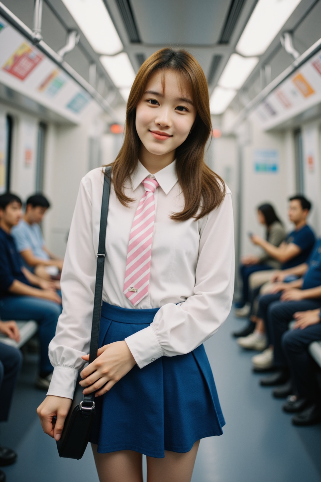 Fuji camera filter, Film photography, Color Film, Fujifilm Fujicolor 400H, film photo, Retro movie style film photography, Polaroid style, The image is a high-resolution photograph,A photograph of an girl with fair skin,standing on a subway train. She has straight long hair,and wears a white blouse,pink and white striped tie,and a blue short pleated skirt. She was carrying a black shoulder bag, with a confident expression and a smile on her face. Other passengers are seated in the background. The subway car has metal poles and advertisements on the walls.