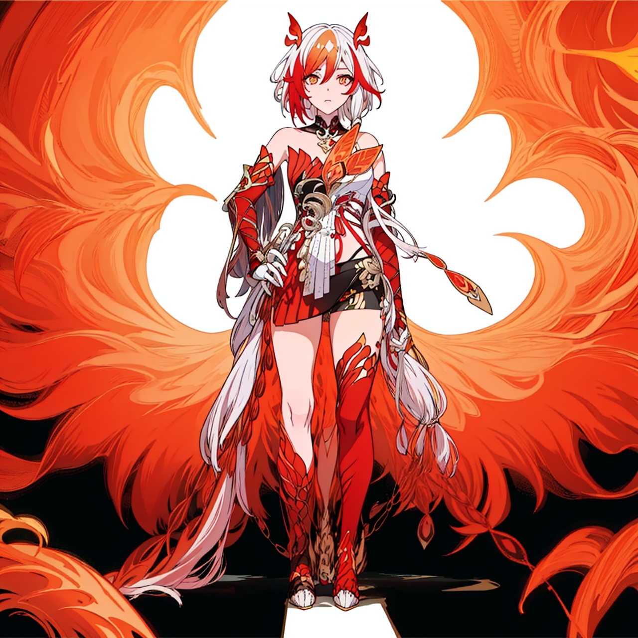 (masterpiece:1.3),(the best quality:1.2),(super fine illustrations:1.2),(Masterpiece),high quality,high detail,(white background:1.2),looking at viewer,(SOLO:1.4),outline,simple background,<lora:符华-崩落-正式版-test2:0.8>, gloves,phoenix,jewelry,twintails,elbow gloves,multicolored hair,white hair,hair between eyes,bangs,streaked hair,bare shoulders,fiery wings,dress,fiery hair,orange eyes,orange hair,thighhighs,two-tone hair,earrings,hair ornament,facial mark,red gloves,tassel,tattoo,