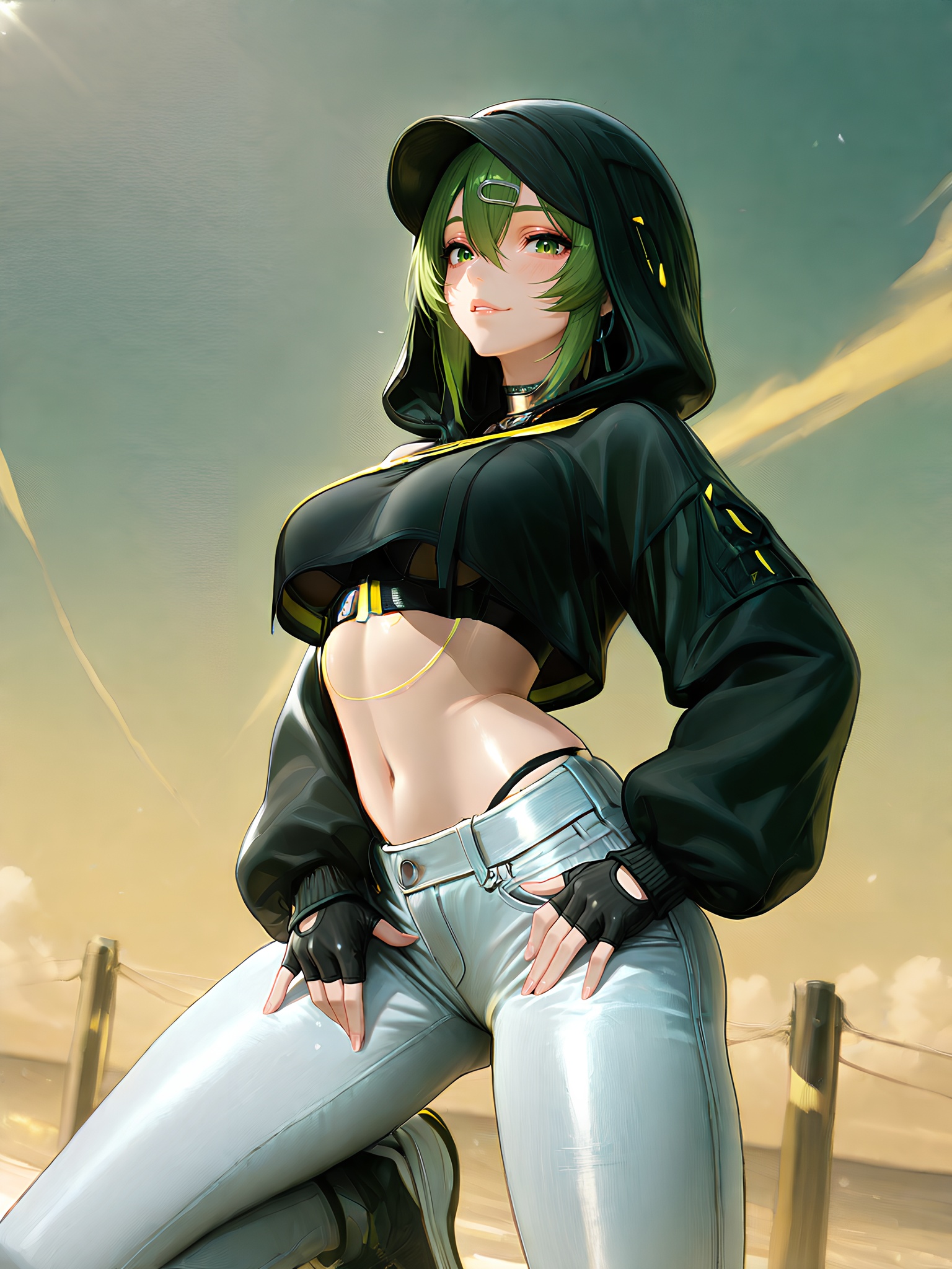 fluorite,  wearing a dark hoodie and light jeans. on Tensor.Art