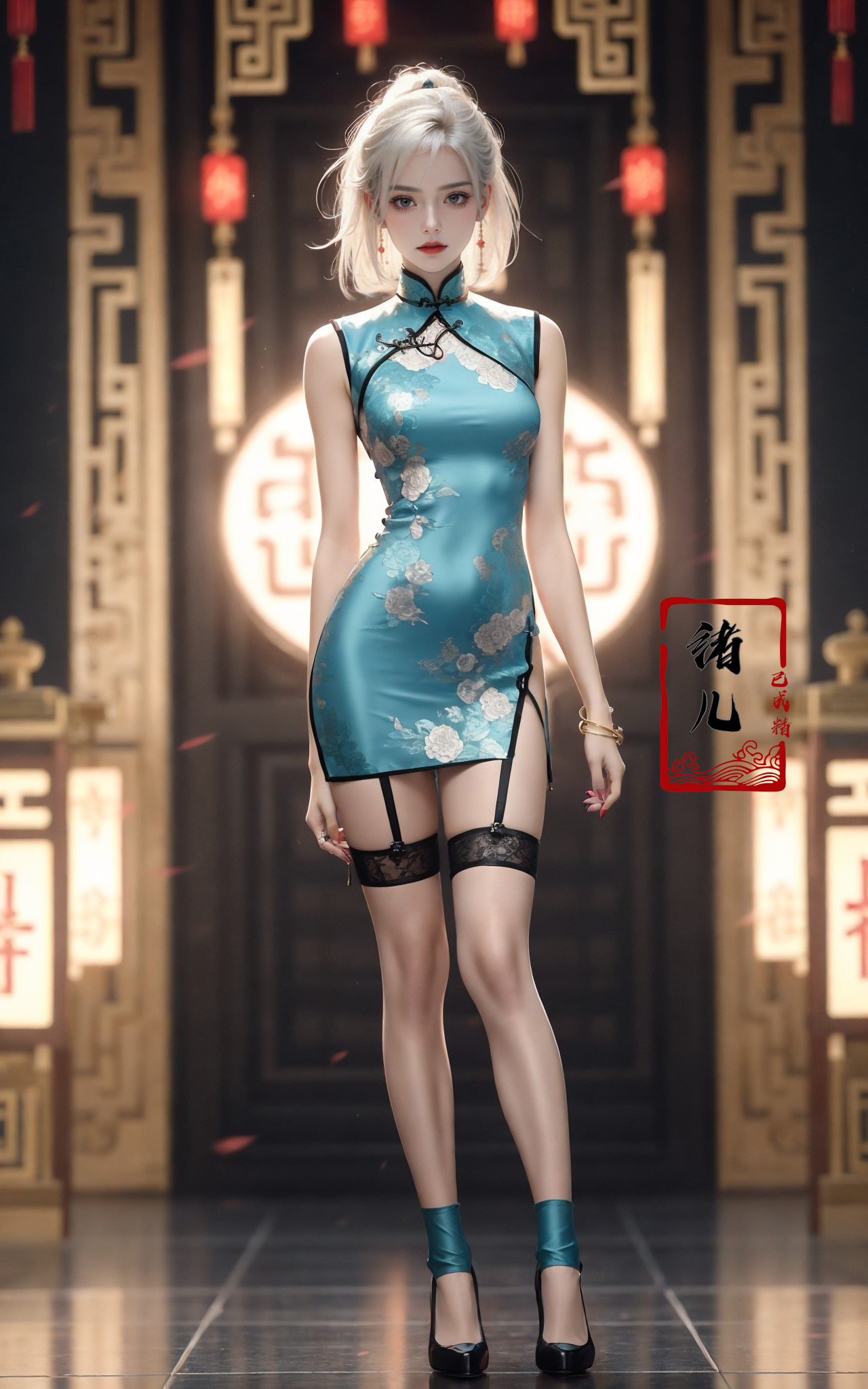 Black background,  Fashion cheongsam,  nail polish on Tensor.Art