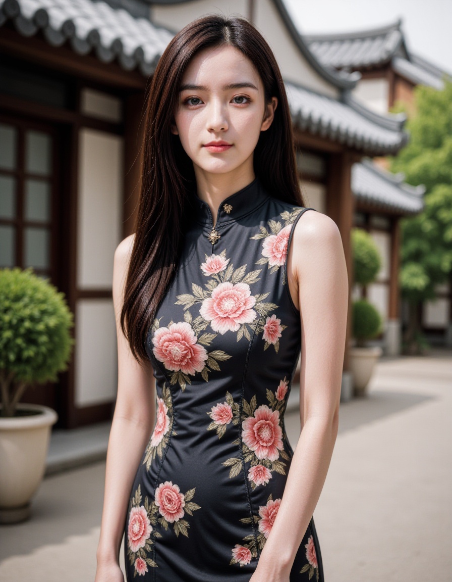 (photorealistic:1.4), (Realisticity:1.4), 1girl, teenage, (waist up:1.2), smirk, thin, slim, (cheongsam), outdoors,