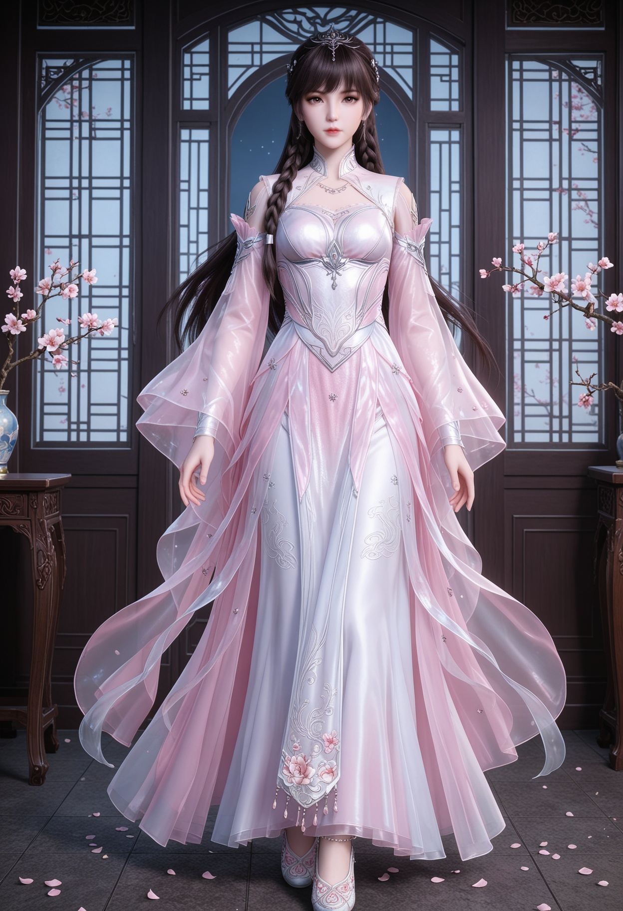 (standing full_body:1.1),(looking at viewer:1.1),masterpiece,(best quality),smog,Dark room,dim lighting,peach blossom,falling petals,<lora:YQ_Illustrious光辉v5_小舞_神装1_V1:0.8>,q1528437228,1girl,solo,long hair,braid,dress,brown hair,hair ornament,white dress,jewelry,detached sleeves,pink dress,tiara,black hair,long sleeves,brown eyes,necklace,earrings,twin braids,pink eyes,collar,shoes,high heels,white footwear,