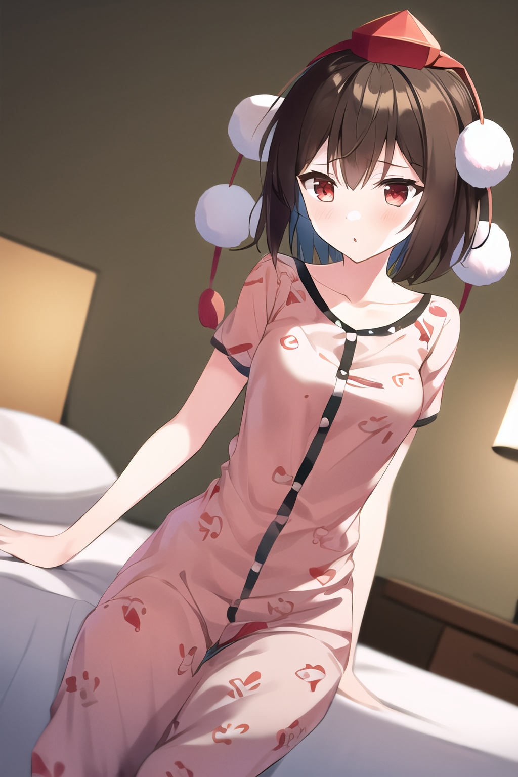 1girl,solo,shameimaru aya,tokin hat,pom pom \(clothes\),red headwear,hat,red eyes,short hair,brown hair,<lora:shameimaru aya002-000012:0.7>,nightgown,homewear,print_pajamas,dynamic_angle,bedroom,