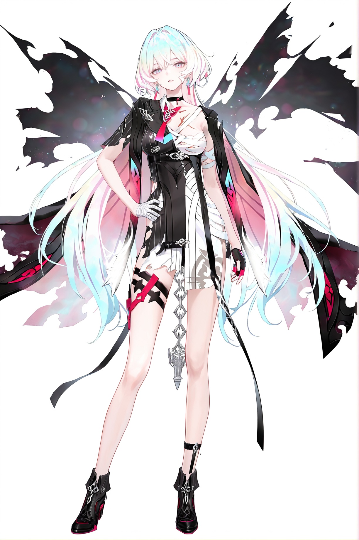 8k,best quality,masterpiece,(ultra-detailed),(high detailed skin),(artist:reoen:0.826446),(artist:machi:0.9),(artist:ningen_mame:0.9),(artist:sho_(sho_lwlw):0.9),(artist:rhasta:0.9),(artist:wlop:0.7),(artist:ke-ta:0.6),(fkey:0.5),(tianliang duohe fangdongye:0.5),(hiten \(hitenkei\):0.6),best quality,amazing quality,(artist:onineko:0.826446),very aesthetic,bokeh,masterpiece,best quality,<lora:wqmt-gnoob-Tanger:0.4>,Path to Nowhere  \(video game\),game CG,cool,full body,full shot,standing,looking at viewer,(solo:1.2),simple background,(white background:1.2),hand on own hip,(white background:1.1),<lora:Lantern-new-will-Tanger-000014:1>,Lantern \(Honkai Impact 3\),bandages,torn clothes,torn Lantern,clothes: torn white-and-black suit,facial bandage,half sarashi,scar,1girl,breasts,blue eyes,earrings,blue-and-pink hair,multicolored hair,jewelry,