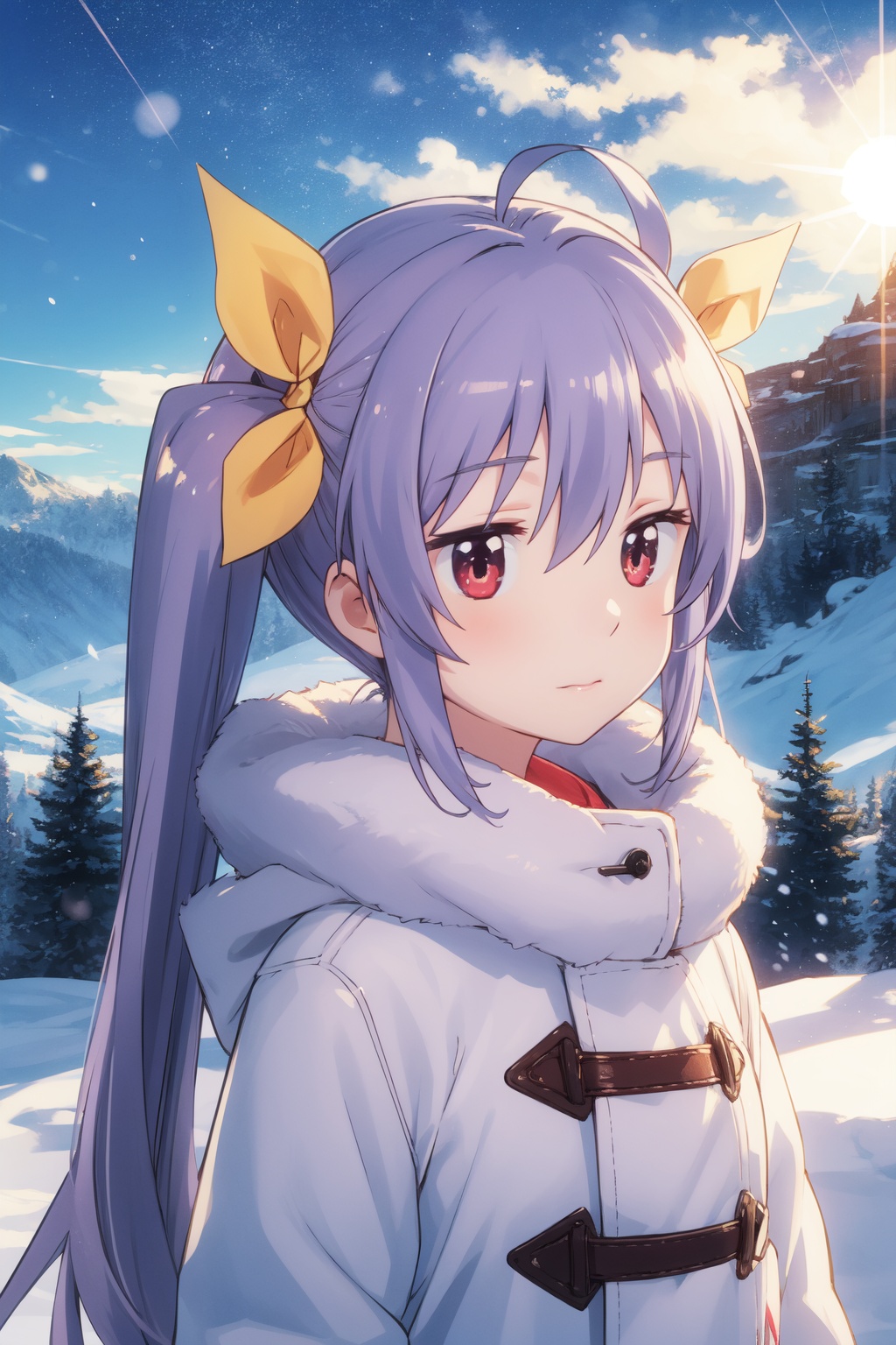 <lora:Renge-000003:0.8>,Renge CYQL,1girl,looking at viewer,solo,twintails,purple hair,long hair,antenna hair,hair ribbon,red eyes,loli,Wool-blend cocoon coat in a modern geometric pattern for a chic look,Happy,  wide smile with raised cheeks and crow's feet around the eyes.,profile,beautiful face,beautiful eyes,glossy skin,shiny skin,Mountains, Snow, Peaks, Glacier, Ice, Clouds, Sunlight,(Climbing roses, Snow-covered cottage, Winter garden, Snowflakes, Winter wonderland, English charm:0.6),beautiful detailed sky,beautiful detailed glow,masterpiece,best quality,beautiful and aesthetic,wallpaper,