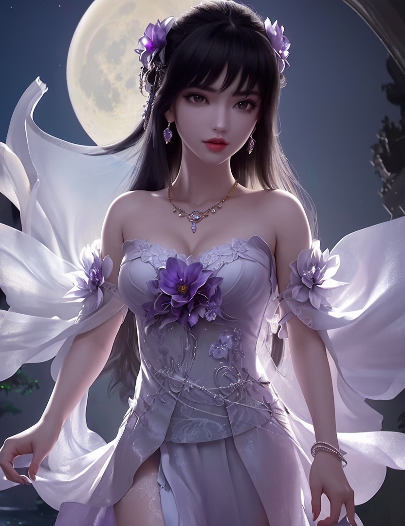 ultra realistic 8k cg, picture-perfect face, flawless, clean, masterpiece, professional artwork, famous artwork, cinematic lighting, cinematic bloom, perfect face, beautiful face, fantasy, dreamlike, unreal, science fiction,   lace, lace trim, lace-trimmed legwear,  (rich:1.4), prestige, luxury, jewelry, diamond, gold, pearl, gem, sapphire, ruby, emerald, intricate detail, delicate pattern, charming, alluring, seductive, erotic, enchanting, hair ornament, necklace, earrings, bracelet, armlet,halo((,1girl, pov,))(((1girl, jewelry, solo,, breasts, , looking_at_viewer,  outdoors,  full moon,  upper body,  purple flower, )))    <lora:DA_YueChanTeen:0.7>