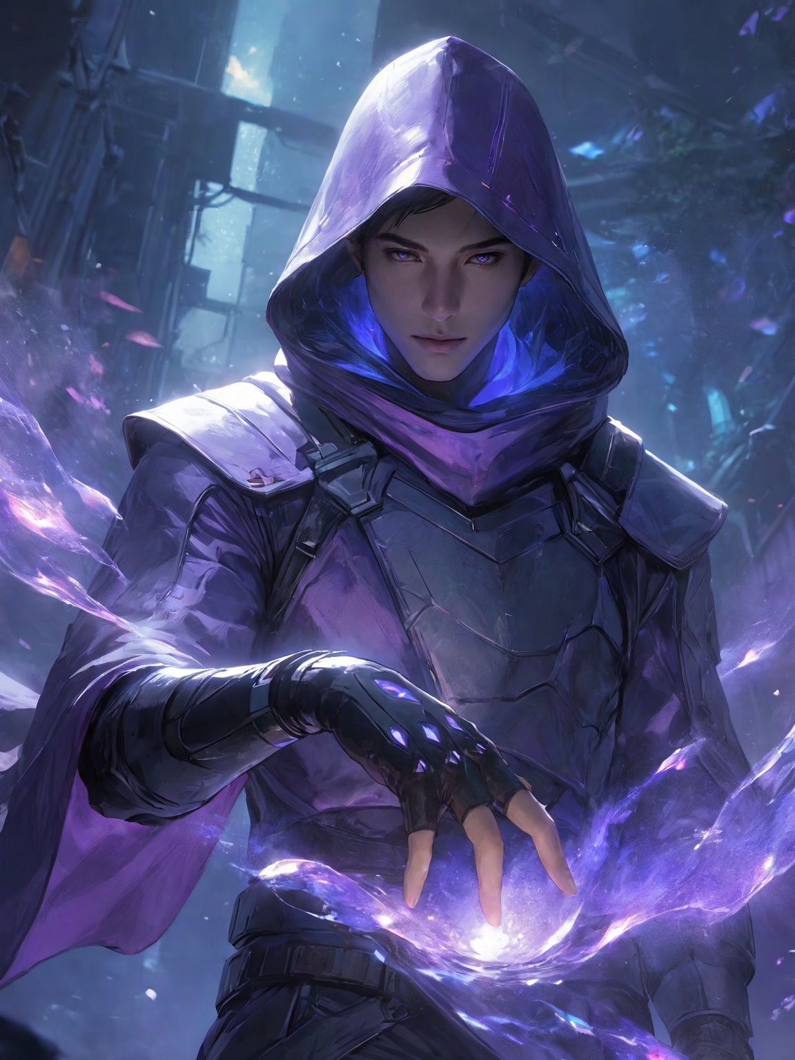 Iso,gloves,hood,1boy,fingerless gloves,male focus,this digital artwork features a futuristic,armored figure with a hooded cloak,illuminated by glowing blue and purple lights. the character's gloved hand extends towards a floating,ethereal flower. the background is a misty,industrial landscape with blurred structures and a soft focus,enhancing the ethereal atmosphere. the color palette is dominated by cool blues and purples. no watermark is present.,looking_at_viewer,real,ray tracing,ultra sharp,ultra high resolution,(masterpiece),(best quality),super detailed,extremely delicate and beautiful,exquisite facial features,super delicate face,cinematic light,detailed environment,ultra realistic details,facing camera,finely detailed features,cinematic lighting effects,photoreal,32k uhd,cinematic lighting effects,