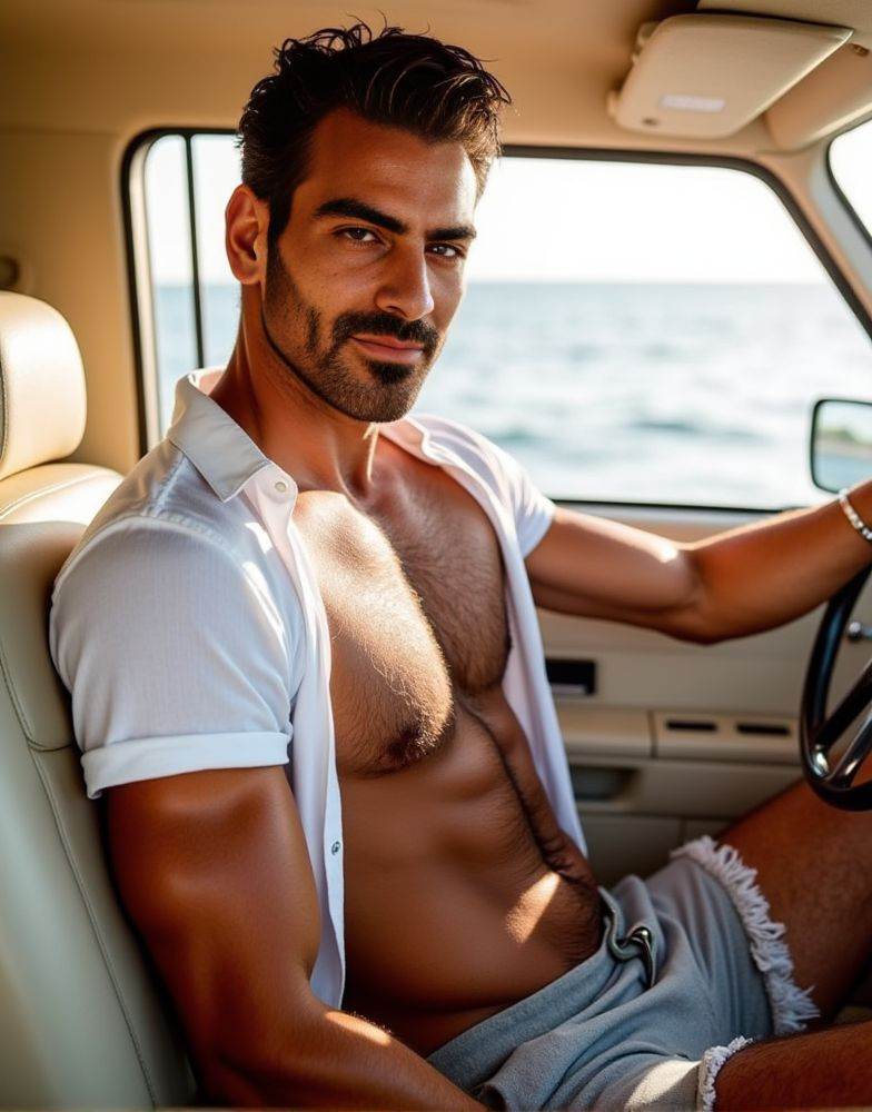 Nyle Dimarco ,  male focus. shirtless smiling. editorial. empathetic eyes. sitting in the passenger seat of a car. natural...