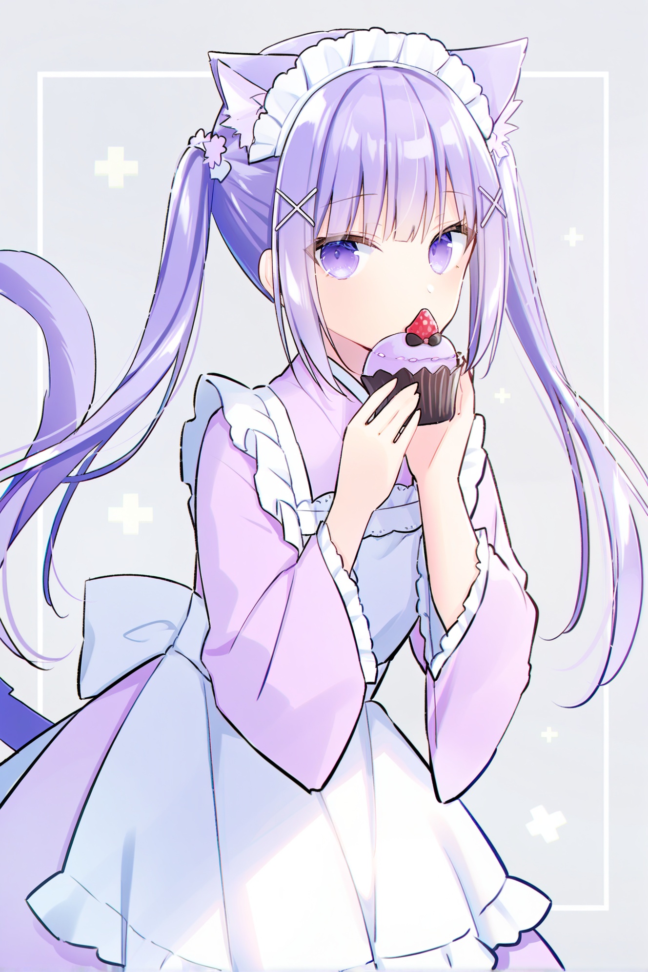 moe1,1girl, animal ears, solo, food, cupcake, cat ears, tail, holding, long hair, maid, cat girl, hair ornament, maid headdress, holding food, looking at viewer, cat tail, purple eyes, apron, x hair ornament, long sleeves, twintails, frills, animal ear fluff, purple hair, wide sleeves, grey background, white apron