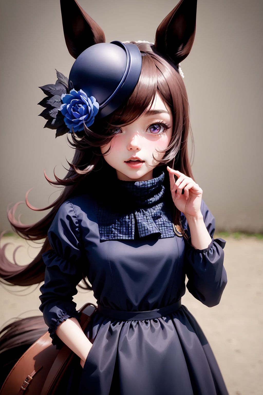 rice_shower_(umamusume),horse_girl,1girl,solo,hair_over_one_eye,horse_tail,open_mouth,blush,looking_at_viewer,blue_rose,hat_flower,tilted_headwear<lora:rice_shower_(umamusume):1>,simple background,white backgroundmasterpiece,best quality, highly detailed, 