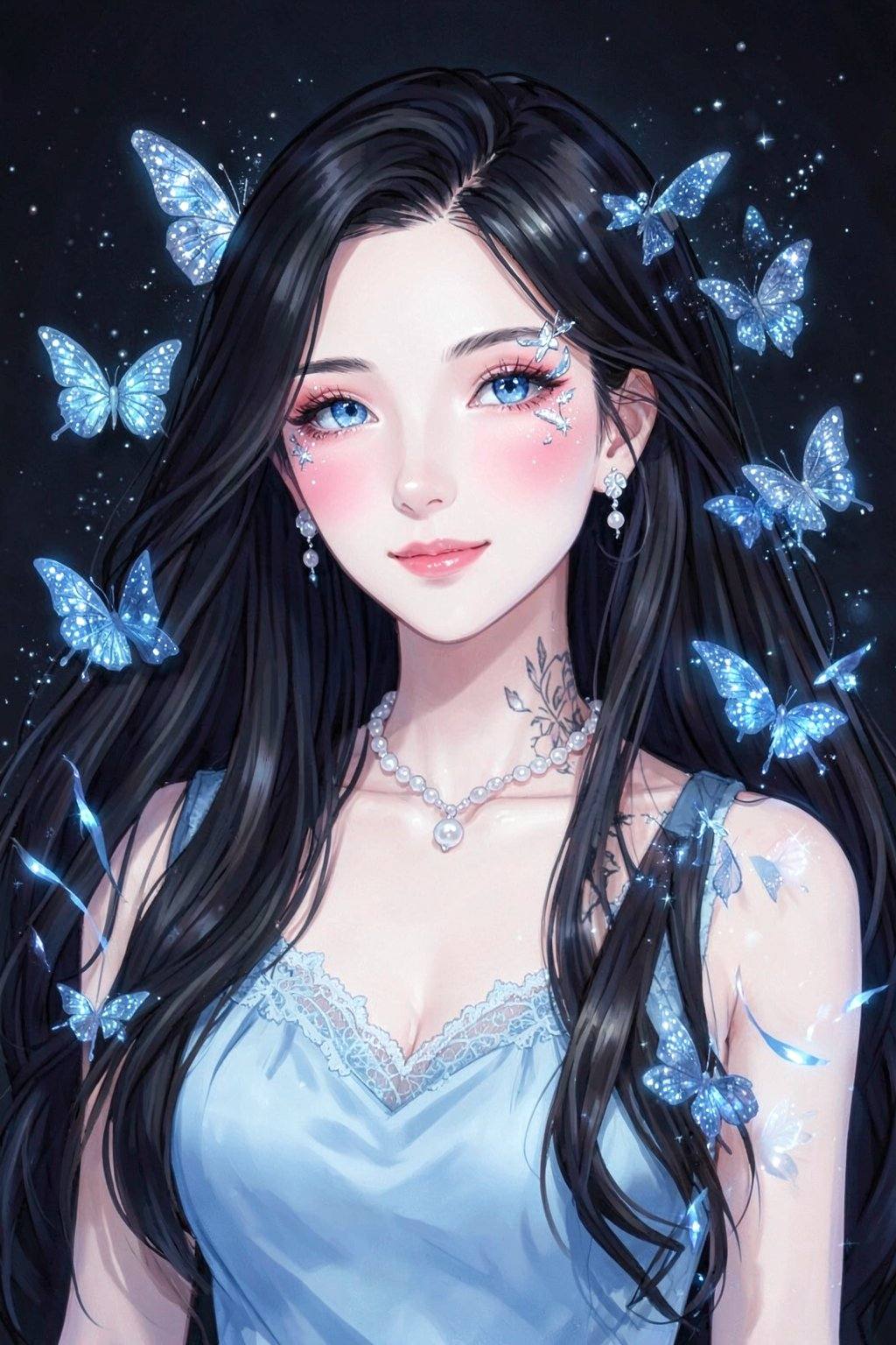 <lora:20260210_TinFlux2KleinAnimeLora2:0>, A captivating digital illustration portrays a young Asian woman, mid-twenties, with long, flowing, raven-black hair cascading around her. She has striking pale skin, accentuated by bright, captivating blue eyes and a subtle blush on her cheeks. Her face is framed by delicate, silver-blue butterfly accents and ethereal sparkling makeup. She wears a simple, elegant light blue dress with a lace neckline, complemented by a pearl necklace, earrings. Numerous shimmering blue butterflies gracefully float around her hair, shoulders, and arms. The woman's expression is serene yet alluring, with a slight, inviting smile.  Delicate tattoo-like markings adorn her neck and upper chest, adding to her delicate charm. The background is a soft, dark void speckled with faint, glittering stars, casting a magical atmosphere. The lighting is soft and diffused, highlighting the delicate textures and details. The artwork is executed in a highly detailed, digital painting style, with a dreamy, fantastical mood, influenced by romantic and ethereal art styles.