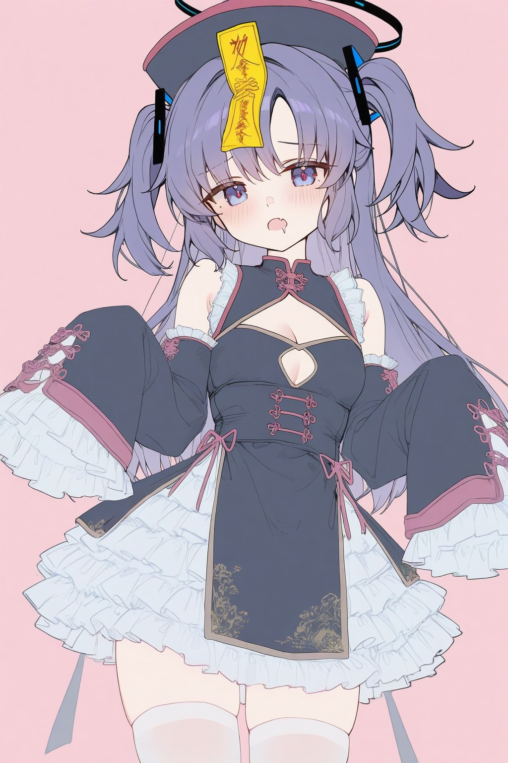 <lora:nai4.5zhengliu-ckxl0.2_v2:0.9>,high resolution,aesthetic,excellent,medium resolution,newest,year 2025,1girl,jiangshi costume,solo,yuuka \(blue archive\),two side up,ofuda,thighhighs,halo,simple background,jiangshi,white thighhighs,long hair,dress,open mouth,purple hair,sleeves past fingers,hat,looking at viewer,qingdai guanmao,sleeves past wrists,mechanical halo,skin fang,clothing cutout,pink background,alternate costume,purple eyes,drooling,mouth drool,frills,fang,cowboy shot,long sleeves,detached sleeves,black halo,cleavage cutout,halloween costume,black dress,breasts,frilled dress,blush,frilled sleeves,chinese clothes,