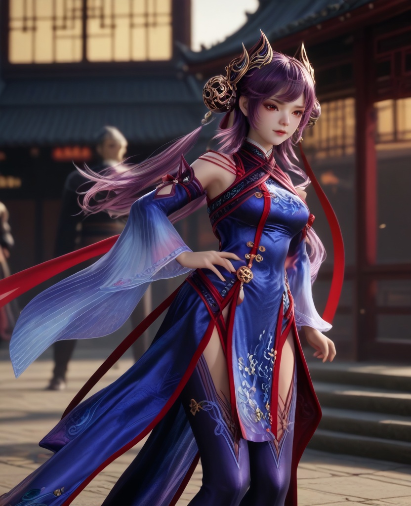 (oriental architecture, elegant decor, sophisticated style:1.1),(Team-Up Pose, Standing back to back with another superhero, ready to face a common enemy,:1.1),(breasts:1.2),<lora:XL16牧神记司芸香:0.95>,miss siyunxiang,china dress with blue violet,red eyes,purple hair,double bun,hair ornament,cutout pants,wide cuffs,, score_9,score_8_up,score_7_up,score_6_up,score_5_up,score_4_up,3d rendering,tag1,tag2, Cinematic Lighting,backlighting,