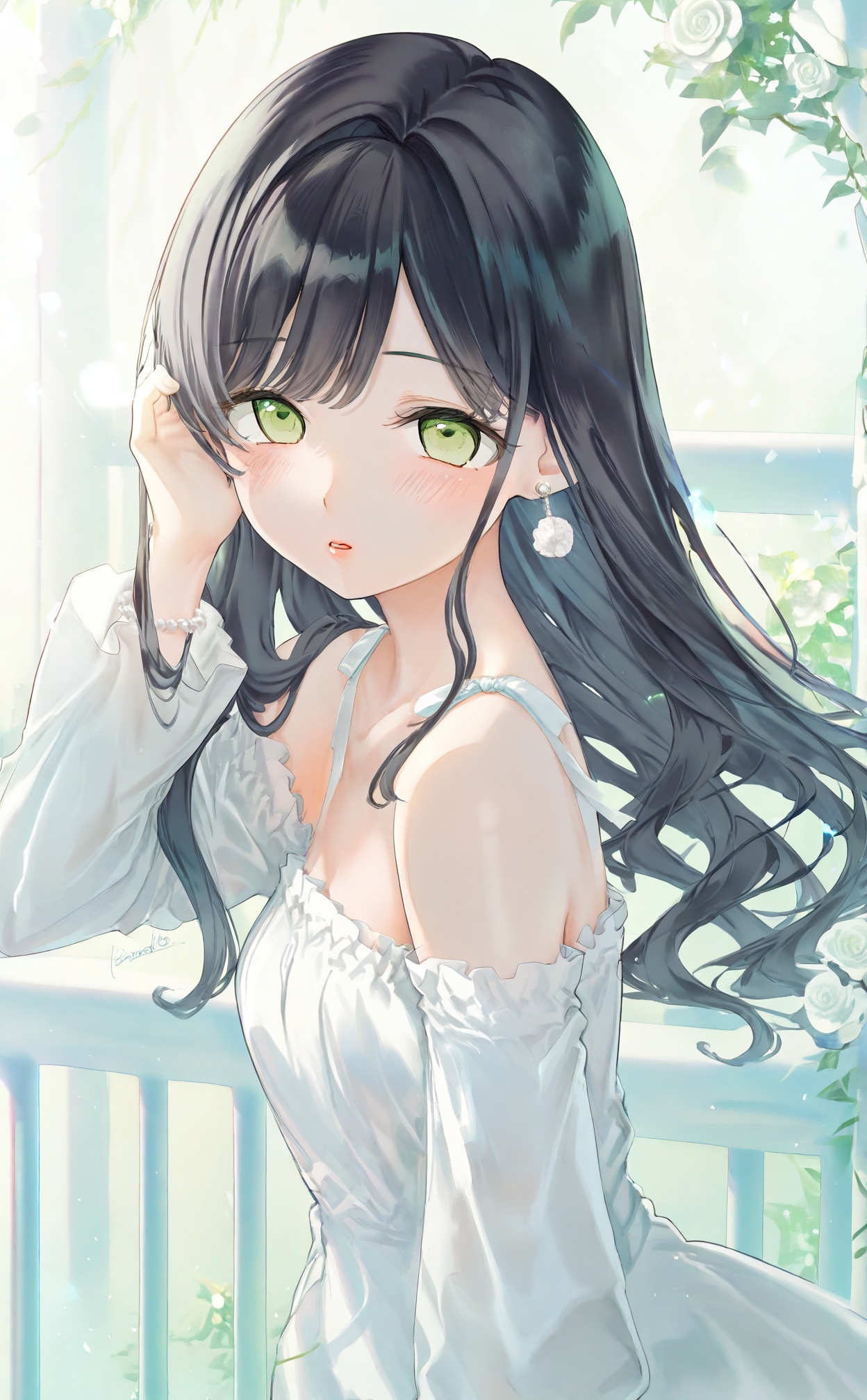 mmasterpiece,absurdres,best quality,petite,high quality,chromatic_aberration,//,1girl,solo,black_hair,white_dress,long_hair,dress,green_eyes,looking_at_viewer,earrings,jewelry,bare_shoulders,long_sleeves,parted_lips,railing,flower_earrings,blush,off-shoulder_dress,hand_up,upper_body,breasts,frills,detached_sleeves,medium_breasts,puffy_long_sleeves,signature,puffy_sleeves,from_side,bracelet,off_shoulder,hand_in_own_hair,hair_tucking,//,<lora:kinako_(shiratama_mochi)——【CKXL】hans:1>,