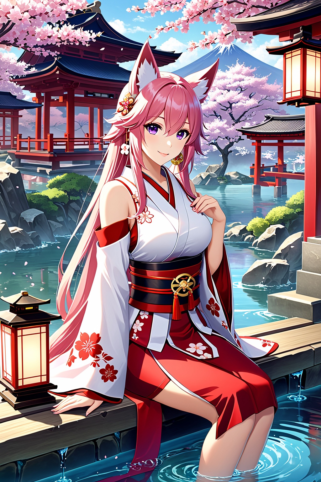 1girl, solo, long hair, breasts, looking at viewer, smile, bangs, skirt, shirt, hair ornament, long sleeves, animal ears, hair between eyes, bare shoulders, jewelry, sitting, very long hair, closed mouth, purple eyes, white shirt, pink hair, thighs, earrings, outdoors, detached sleeves, japanese clothes, wide sleeves, water, tree, cup, petals, fox ears, sleeveless shirt, red skirt, floral print, cherry blossoms, nontraditional miko, lantern, yokozuwari, vision \(genshin impact\), architecture, sakazuki, east asian architecture, yae miko