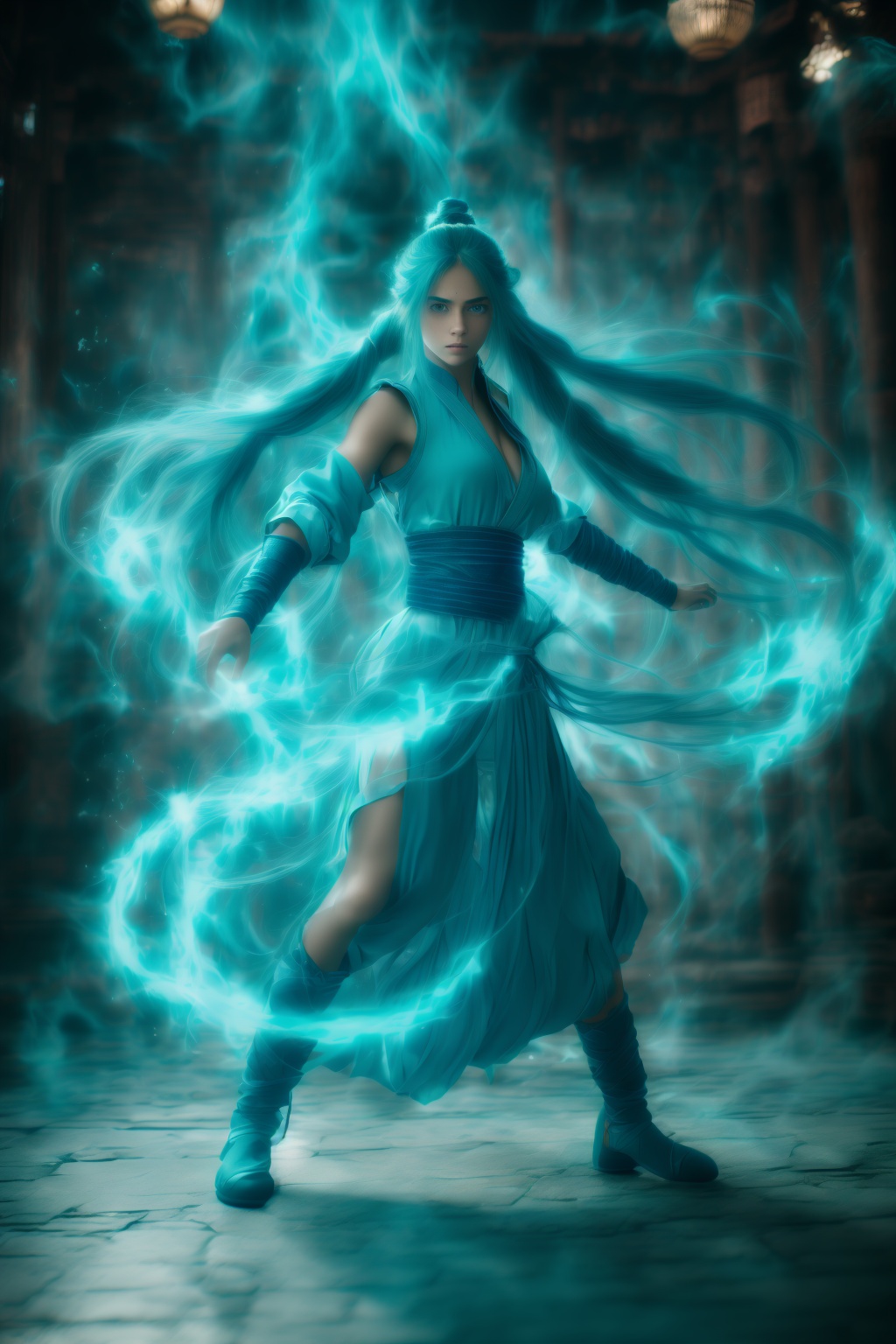 fighting stance,dancing,ancient-costume,cyan-aura,using cyan-magic,cyan-magic,1girl,solo,long hair,blue eyes,<lora:magic_fighting_cyan_512_15:0.8>,