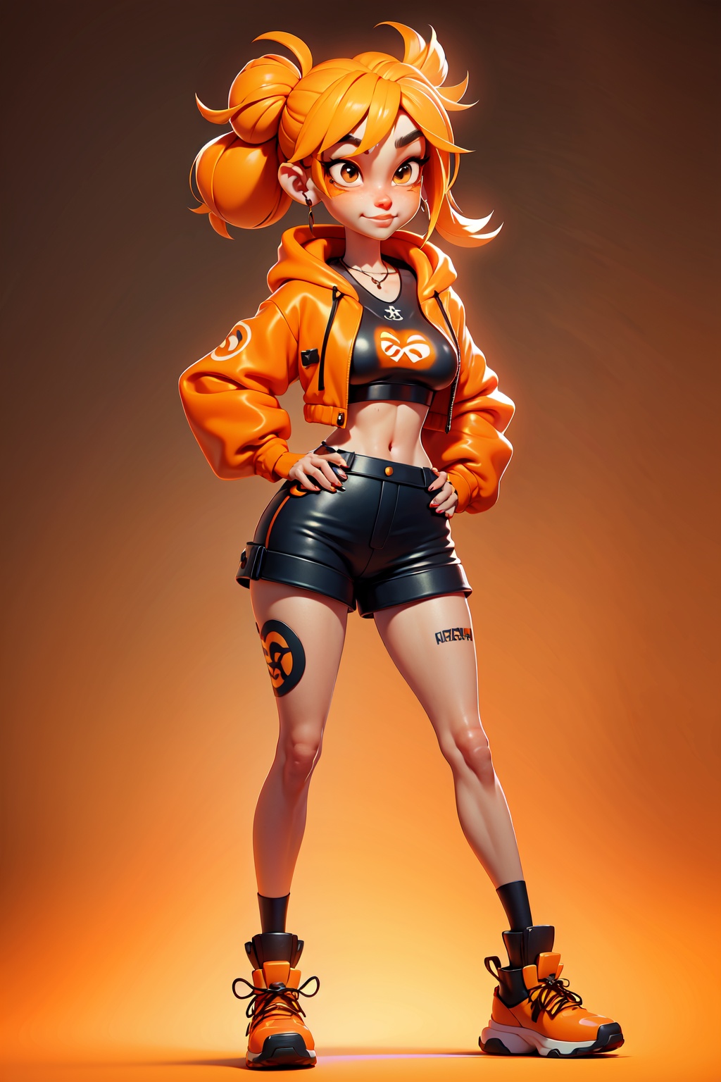 a 3D animated character,1girl, Her decked out in an big orange themed ensemble,complete with a hoodie adorned, Her laid-back demeanor contrasts with the vibrant,spooky accessories, ((on an orange background)), array of tattoos,, masterpiece,best quality,