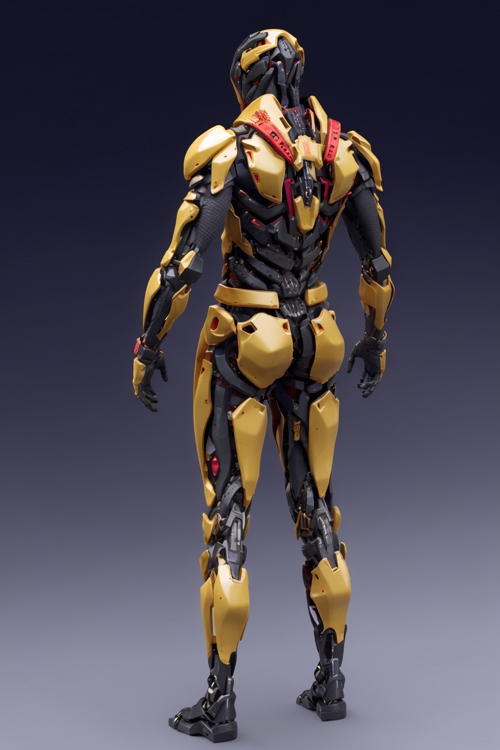 hjyalienrobot,(1boy),back view,mecha,robot,complex,solo,weapon,Muscular exoskeleton,science fiction,gold trim,masterpiece,best quality,(full body:1.3),<lora:hjyalienrobot-000009:0.7>,skull bone,metal,smooth helmet,gray background,yellow and black,hood,cloak,((glowing red eyes)),hood up,sheath,sheathed,signature,