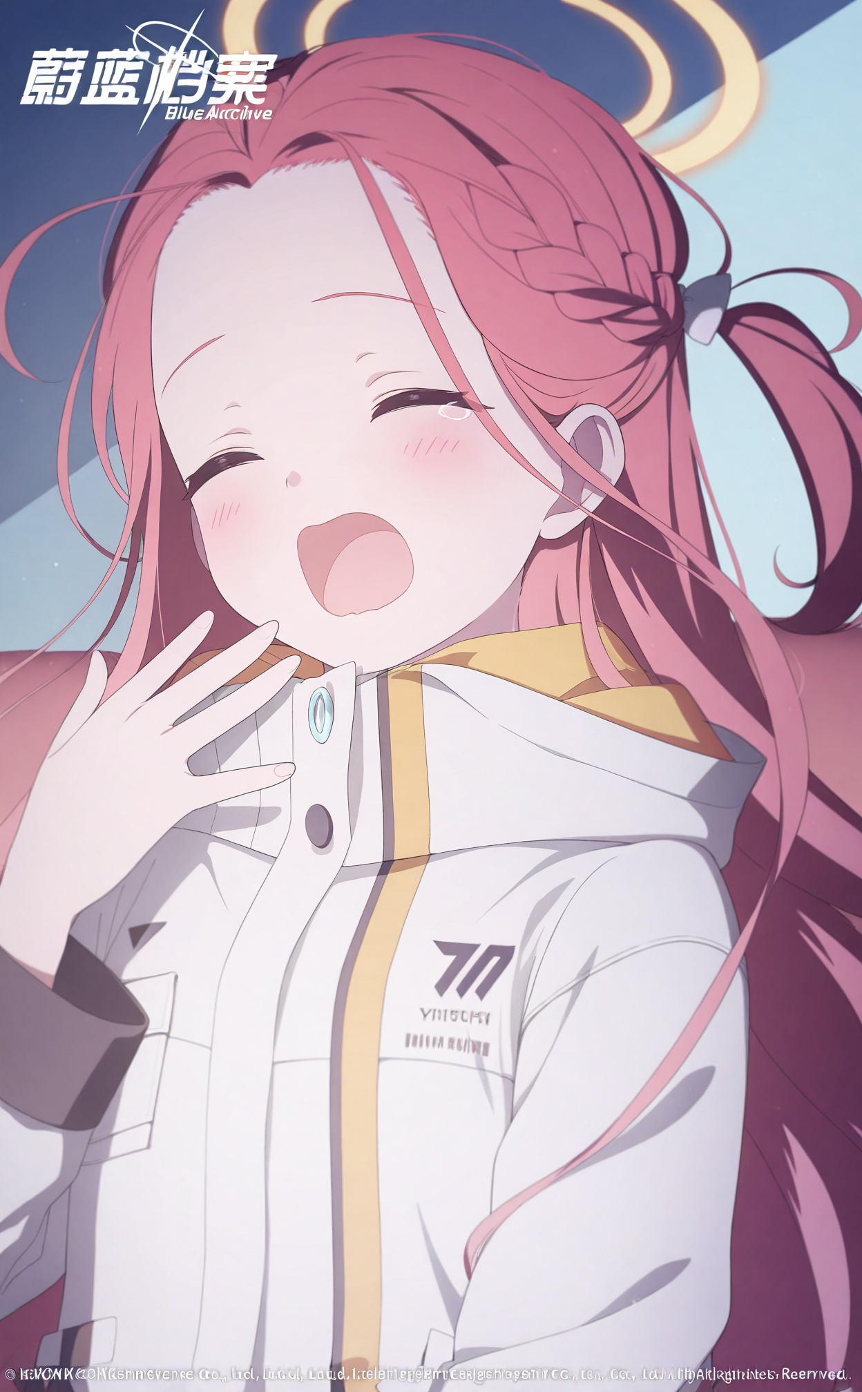 //,1girl,yuzu_\(blue_archive\),solo,red_hair,long_hair,jacket,open_mouth,yawning,closed_eyes,white_jacket,braid,forehead,blush,long_sleeves,tears,upper_body,one_side_up,copyright_notice,copyright_name,company_name,//,<lora:ba——【CKXL】hans:1>,