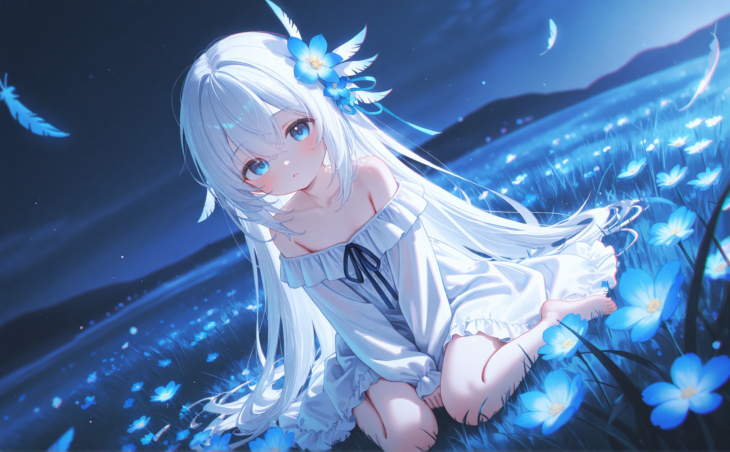 masterpiece,very aware,highres,absurdres,newest,best quality,loli,petite,high quality,chromatic_aberration,cinematic_angle,dutch angle,night,//,umehara,konya666,//,1girl,solo,long hair,looking at viewer,blush,bangs,blue eyes,hair ornament,long sleeves,dress,ribbon,hair between eyes,bare shoulders,sitting,very long hair,collarbone,flower,white hair,outdoors,parted lips,barefoot,hair flower,off shoulder,white dress,sleeves past wrists,wariza,frilled dress,grass,aged down,feathers,white flower,child,between legs,blue flower,hand between legs,female child,feather hair ornament,