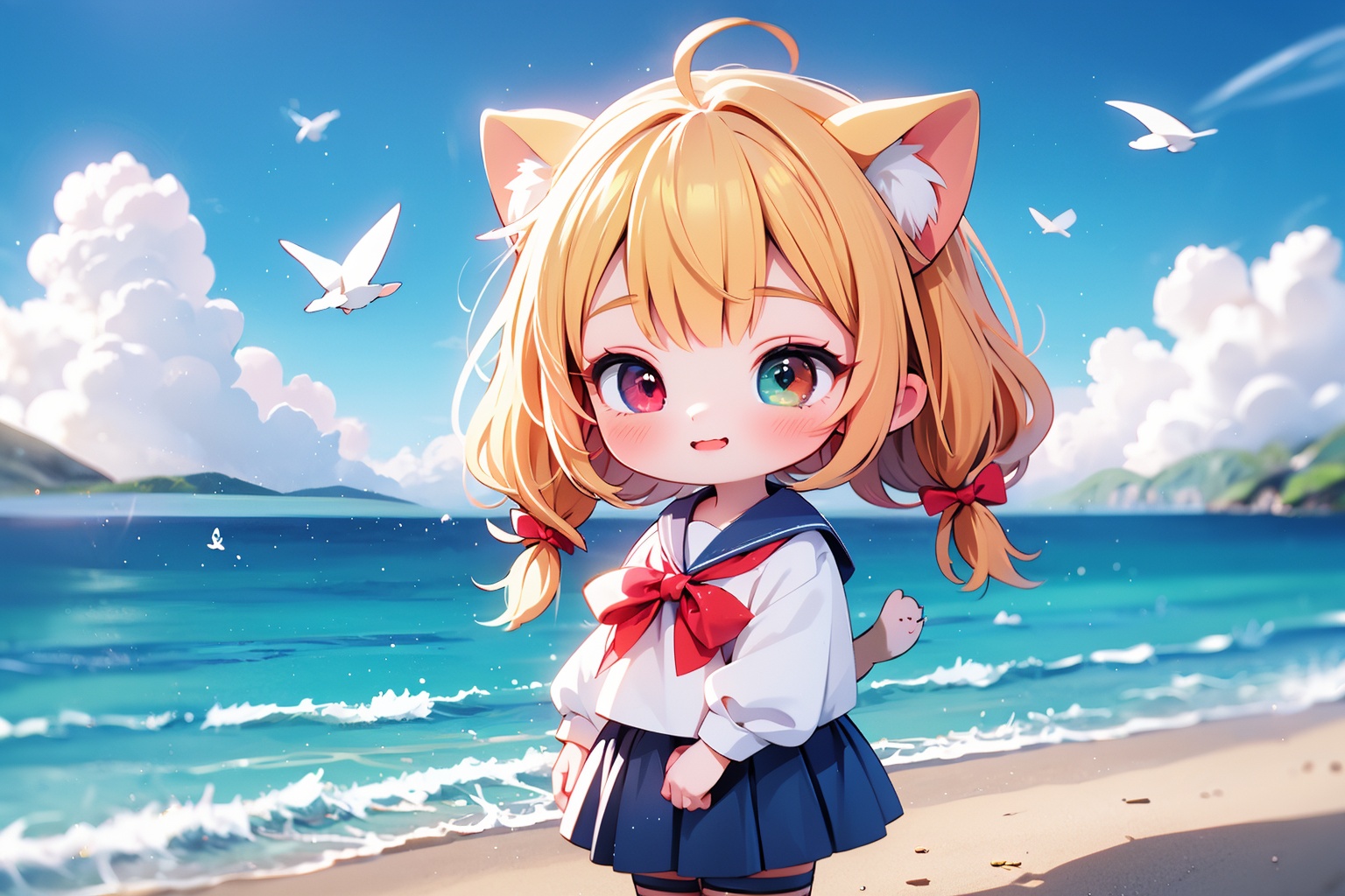 1girl,bangs,beach,bird,black legwear,(heterochromia:1.4),(red eyes:1.4),(blue eyes:1.4),very long blonde hair,cat ears clouds,blue sailor collar,blue skirt,blue sky,blush,red bow,closed mouth,cloud,cloudy sky,condensation trail,day,standing by the sea,