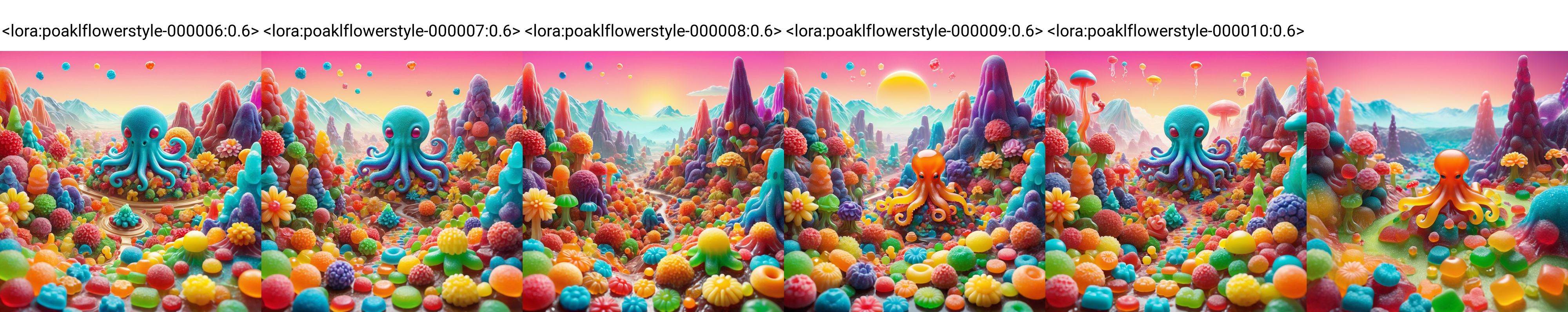 GummiRay,An alien planet composed entirely of colorful gummies, featuring a whimsical octopus alien with expressive eyes, tentacles detailed like translucent jelly, amidst a landscape of gummy mountains and gummy trees, under a bright, candy-colored sky. The scene radiates a playful, surreal atmosphere, with a vibrant color palette dominated by neon hues. The alien should have a quirky, cartoonish appearance, blending elements of fantasy and sci-fi. The image is to be rendered in a digital art style, with a focus on hyperrealistic textures to bring out the glossy, chewy quality of the gummy environment. Include soft, diffuse lighting to enhance the shiny surfaces of the gummy elements and give depth to the scene,(((poakl flower style))),<lora:poaklflowerstyle-000006:0.6>,