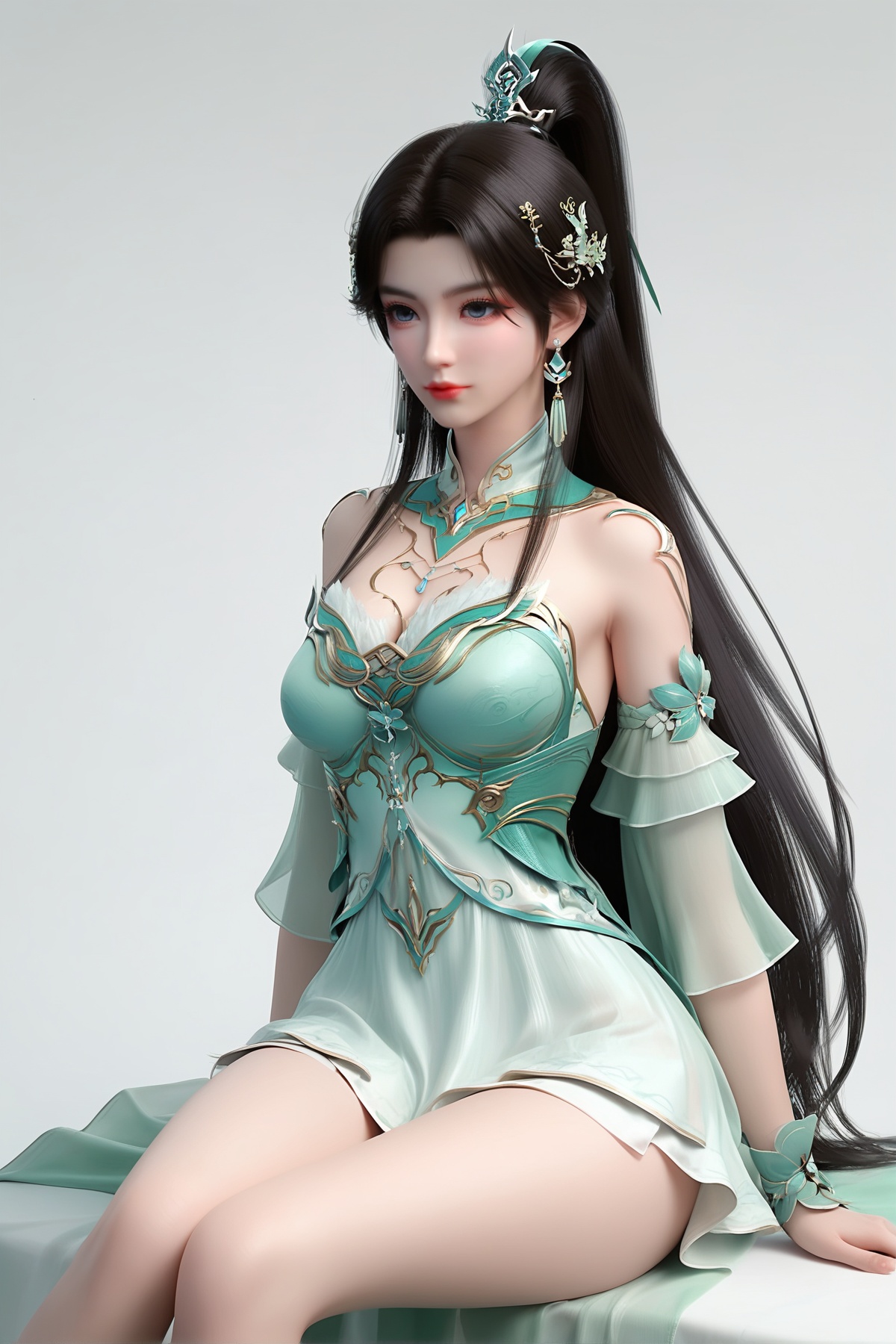 score_9,score_8_up,score_7_up,<lora:wy_guxuner_x_XL7.0:0.8>,1girl,long hair,breast,medium breast,hair_ornament,dress,black hair,high ponytail,blue eyes,thick_thighs,green_dress,sitting,wetting,dark,simple background,white_background,