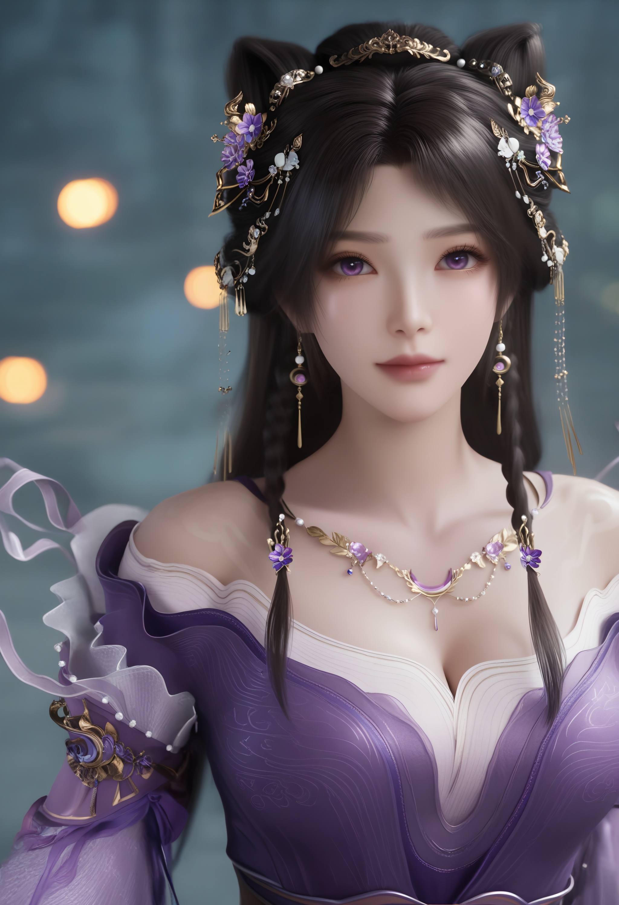 (score_9),cute,1girl,solo,<lora:姬紫月-Apony:0.85>,jiziyue,jewelry,hair ornament,black hair,hair flower,long hair,double bun,braid,earrings,off-shoulder dress,purple dress,necklace,purple eyes,waist belt,collarbone,cleavage,large breasts,BREAKsolo focus,upper body,front view,<lora:e肤色滑块:0.8>,(light_skin),(white_skin),BREAKsimple background,depth of field,lens_flare,bokeh,