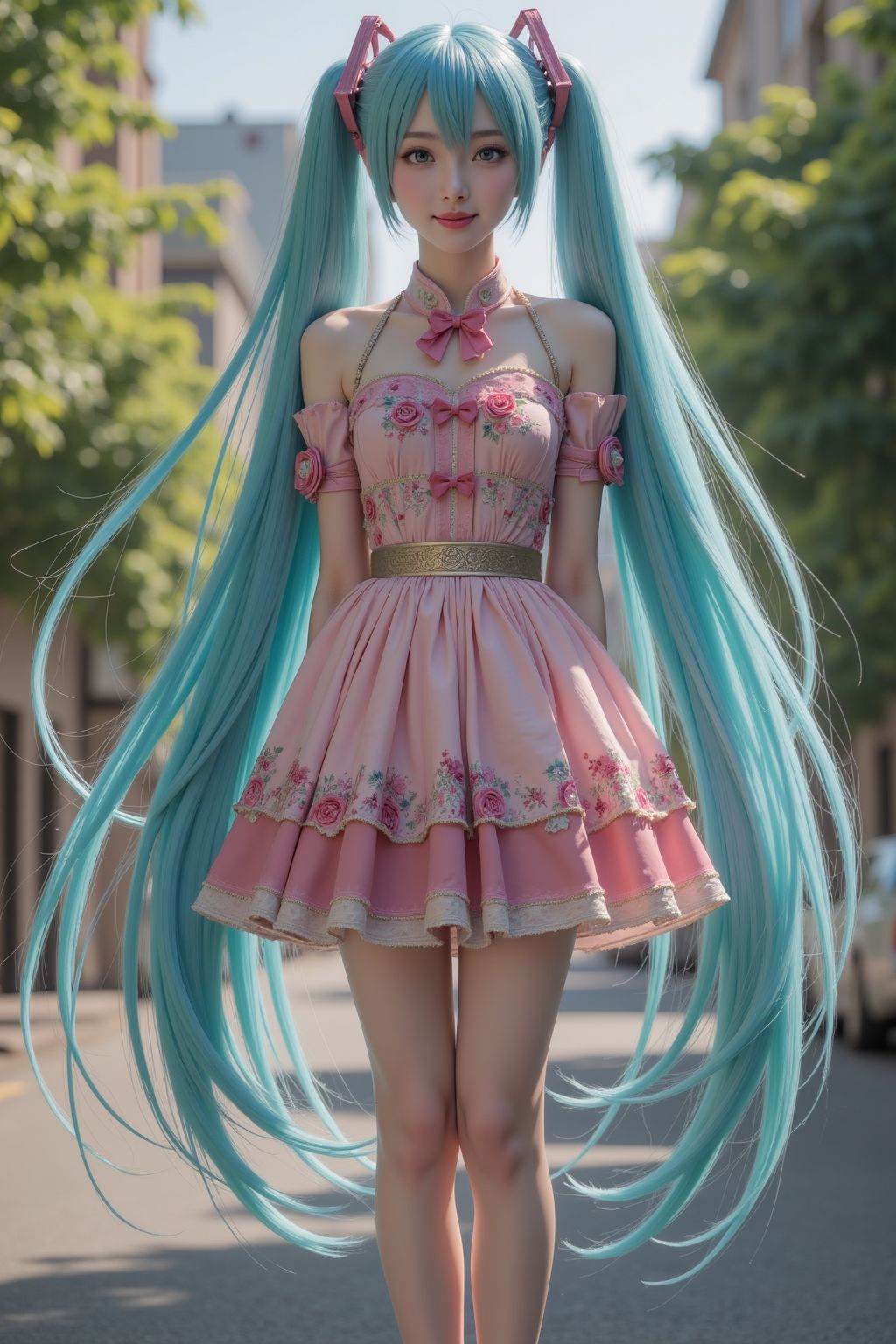 HDR photo of cinematic film still,young girl,hatsune miku,smile,full body,dress,outdoors,