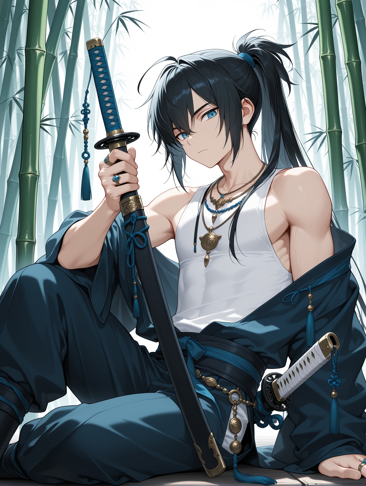 bamboo, 1boy, male focus,solo, weapon, sword, jewelry, black hair, ahoge, necklace, looking at viewer, sheath, closed mouth, ponytail, long hair, bare shoulders, blue eyes, sheathed, bangs, sitting, katana, ring, shirt, holding, white shirt, holding weapon, holding sword ,masterpiece,best quality,amazing quality,