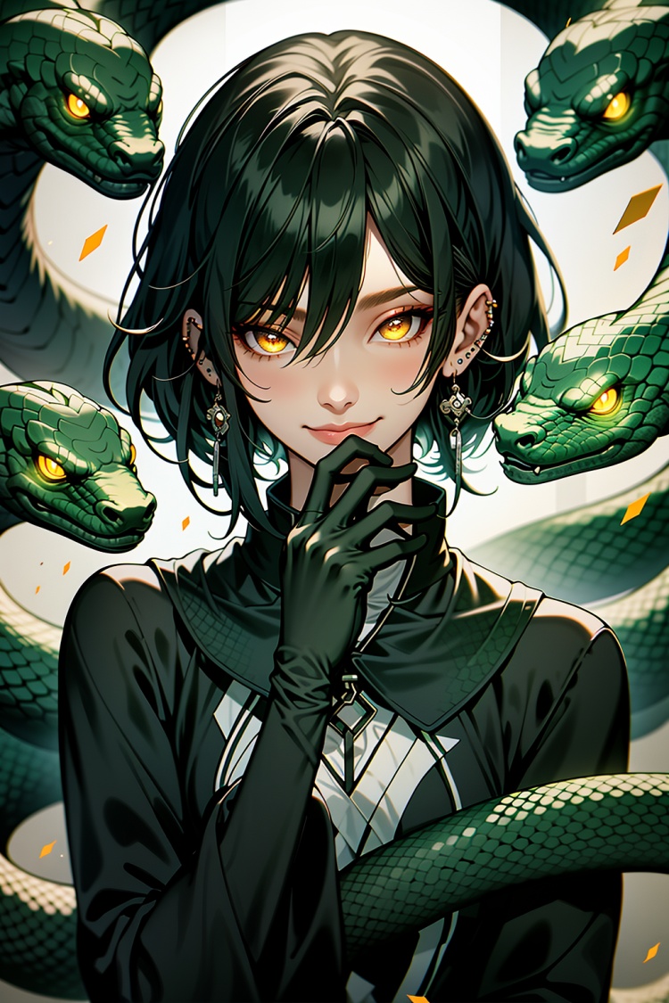 snake,gloves,black hair,glowing,jewelry,looking at viewer,earrings,black gloves,glowing eyes,piercing,1girl,yellow eyes,white snake,long sleeves,short hair,upper body,green eyes,slit pupils,bangs,smile,wide sleeves,ear piercing,light particles,hair between eyes,hand up,closed mouth,zodiac,Dark,masterpiece,best,<lora:暗黑十二生肖_Zodiac:0.8>,