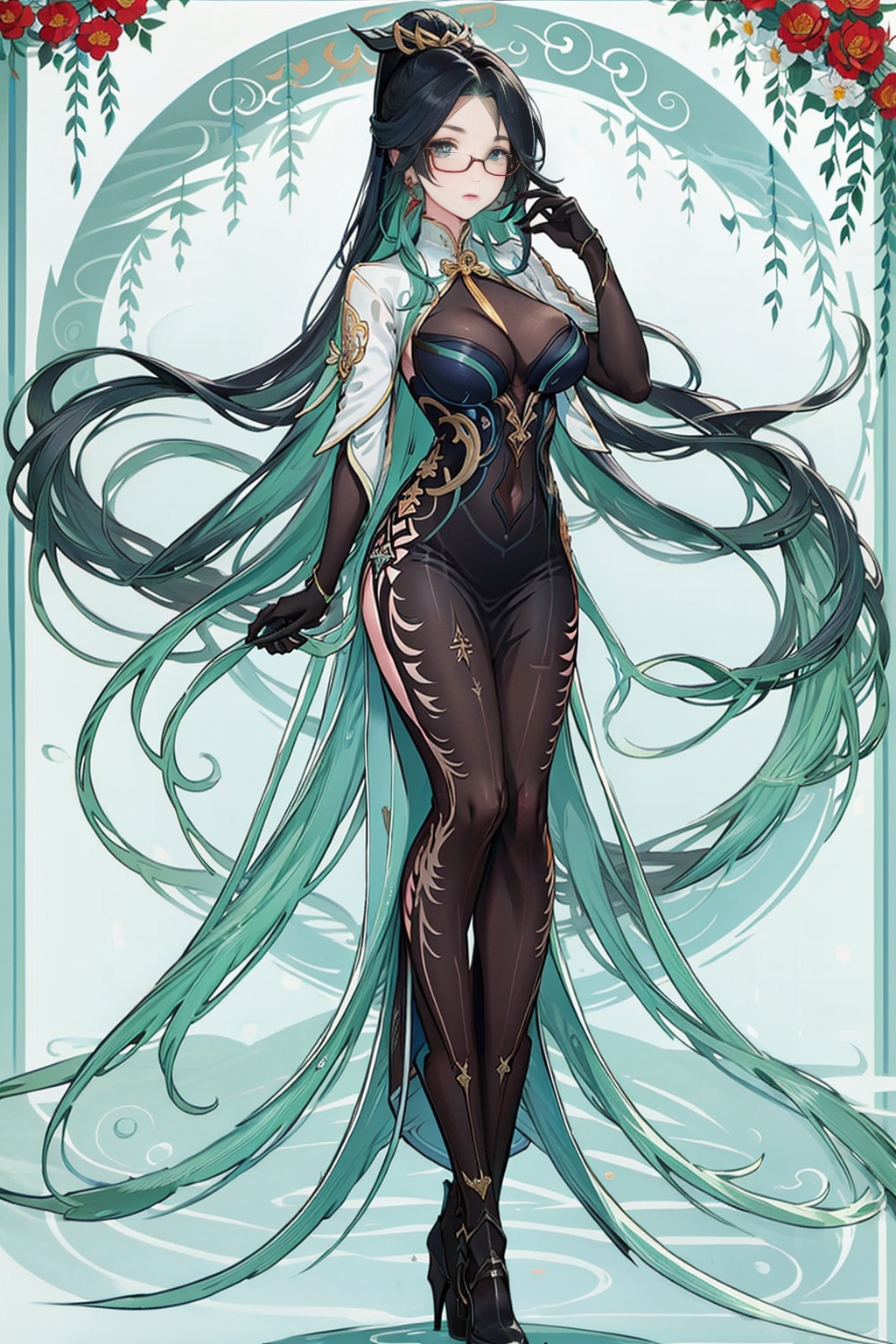genshin_impact,Cloud Retainer,liuyunjiefeng, liuyunjiefeng_(genshin_impact),a woman with long hair and a white dress holding a cigarette in her hand and a flower in her hair, 1girl,solo, glasses, hair_over_one_eye, earrings, flower, breasts, long_hair, green_eyes, dress, solo, chinese_clothes, black-framed_eyewear, jewelry, very_long_hair, looking_at_viewer, china_dress, long_sleeves, wide_sleeves, holding,full body,Large chest,long legs,cleavage,high heels,high-heeled shoes,Black stockings,address,Yarn long skirt