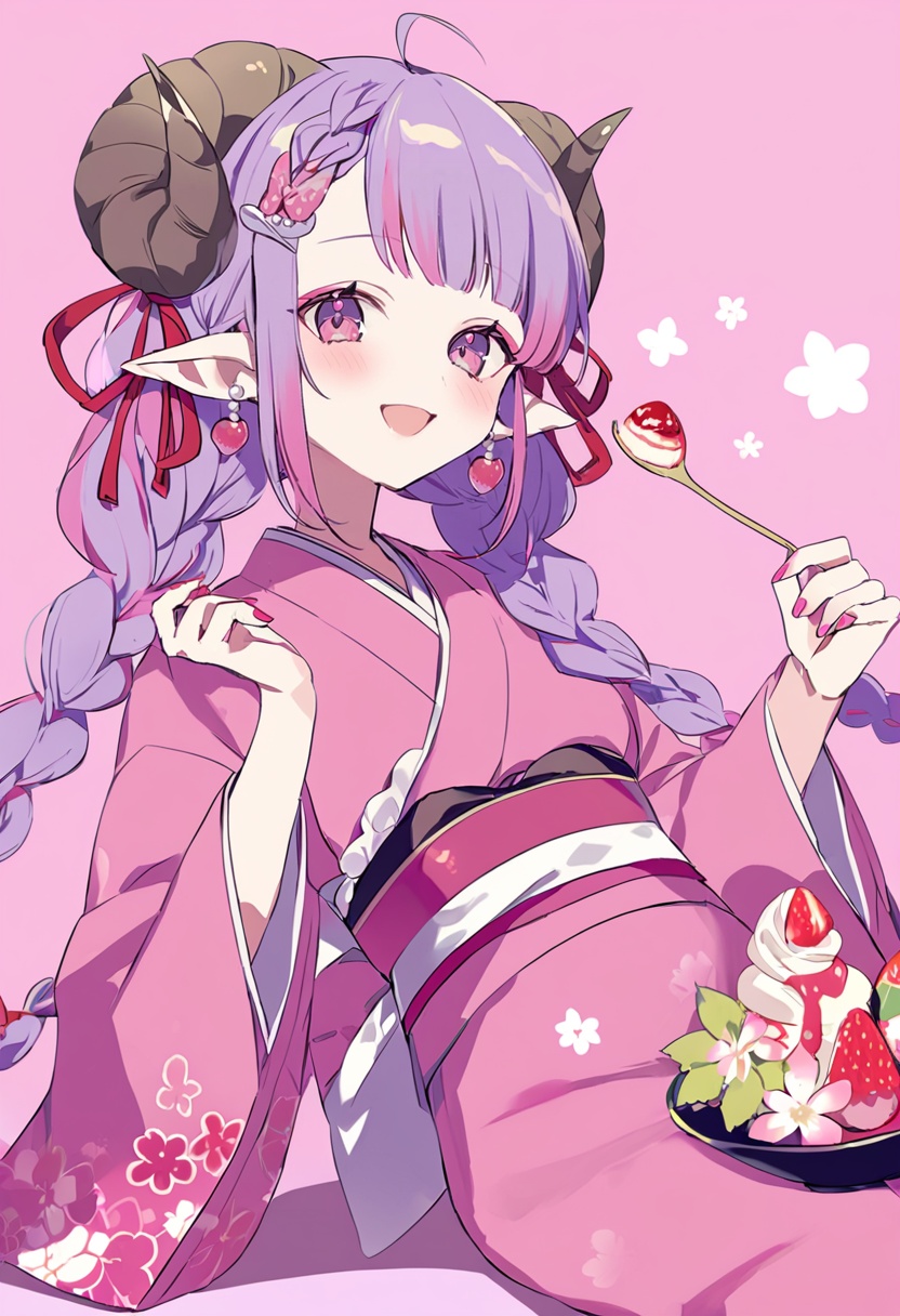masterpiece, best quality,1girl,   pink hair, horns, braid, pink theme, hair ornament, japanese clothes, hair flower, parfait, flower, kimono, holding spoon, spoon, holding, solo, food, fruit, pink kimono, long hair, sheep, pink eyes, ice cream, ribbon, blush, strawberry, wide sleeves, sheep horns, looking at viewer, long sleeves, bangs, multicolored hair, apron, sitting, earrings, pointy ears, bow, strawberry hair ornament, curled horns, pink background, nail polish, cherry, hair ribbon, animal ears, twin braids, food-themed hair ornament, fruit bowl, cake, bellflower, hair bow, open mouth, purple hair, smile, jewelry, pearl earrings, yellow horns, twintails, wafer stick, frills <lora:yumenouchiXLlokr-000049:1>