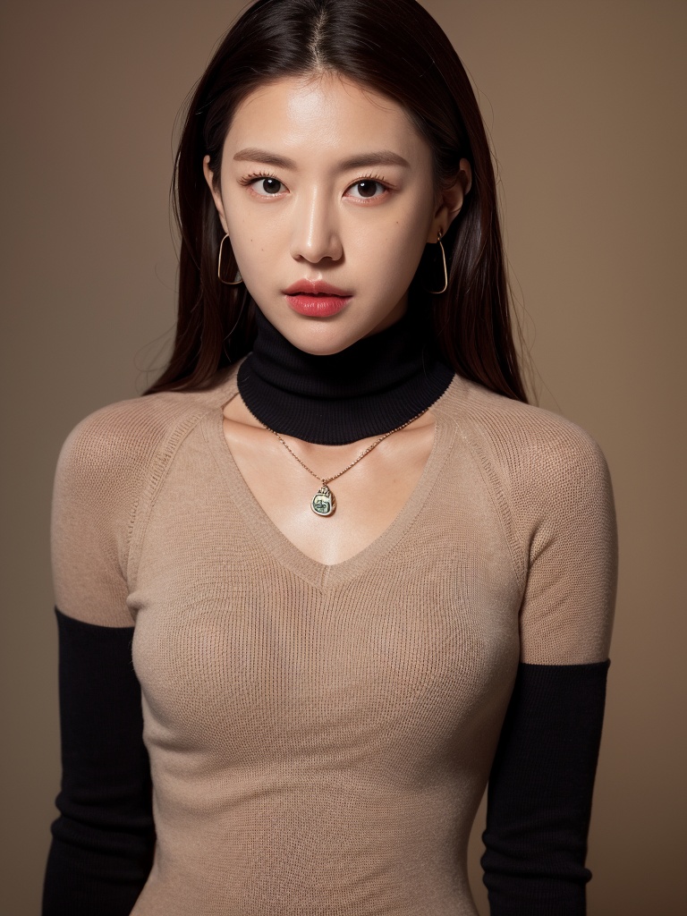 1girl,jewelry,solo,earrings,necklace,realistic,long hair,black hair,looking at viewer,brown hair,brown eyes,lips,mole,turtleneck_sweater,