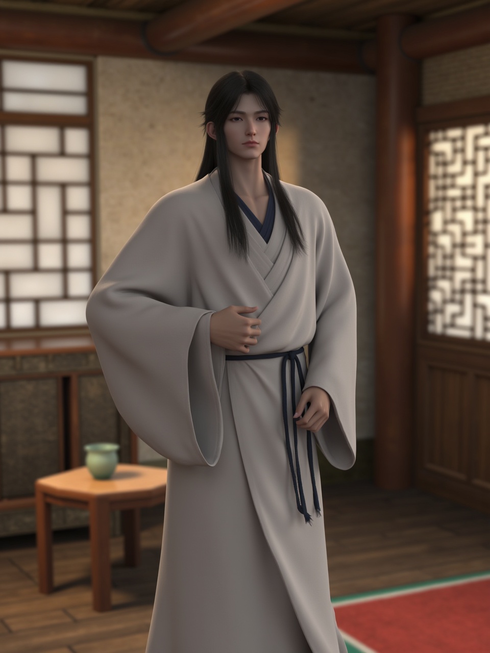 jingjiu,3D animation of a male,traditional Chinese attire,indoors,