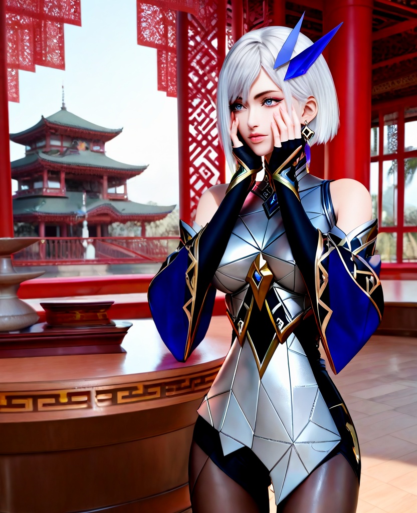 (oriental architecture, elegant decor, sophisticated style:1.1),(hands on face:1.1),(large breasts:1.2),<lora:ILCG王者荣耀东方镜:0.95>,1girl,form-fitting geometric chrome armor,blue eyes,white hair,short hair,hair ornament,earrings,black leather tights,bare shoulders,black fingerless gloves,detached sleeves,, score_9,score_8_up,score_7_up,score_6_up,score_5_up,score_4_up,3d rendering,tag1,tag2, Cinematic Lighting,backlighting,, zPDXL3, zPDXL2,zPDXL, zPDXLxxx, zPDXLrl,