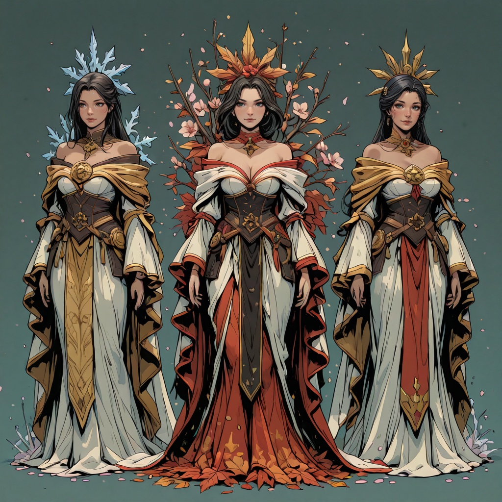 D&D Painterly,  four women representing the seasons,  each dressed in richly detailed garments. They stand intertwined wit...