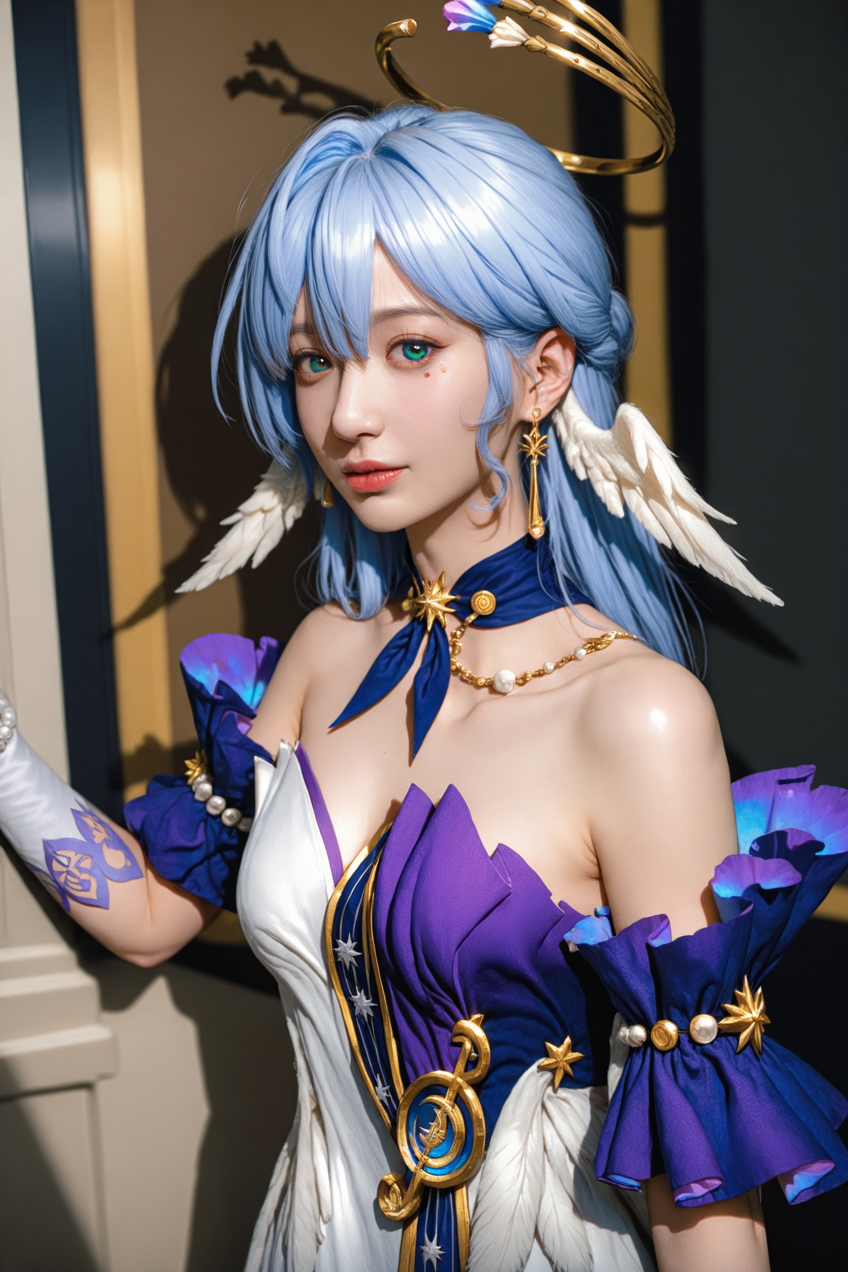 (realistic),photo-referenced,.,.,.,chromatic aberration,blurry,(shiny_skin:1.1),.,1girl,upper body,indoors,.,(robin \(honkai: star rail\):1.1),.,<lora:RE184MG-000018:0.8>,, very awa, masterpiece, best quality, highres, absurdres,, Photorealistic, Hyperrealistic, Hyperdetailed, analog style, soft lighting, subsurface scattering, realistic, heavy shadow, masterpiece, best quality, ultra realistic, 8k, golden ratio, Intricate, High Detail, film photography, soft focus