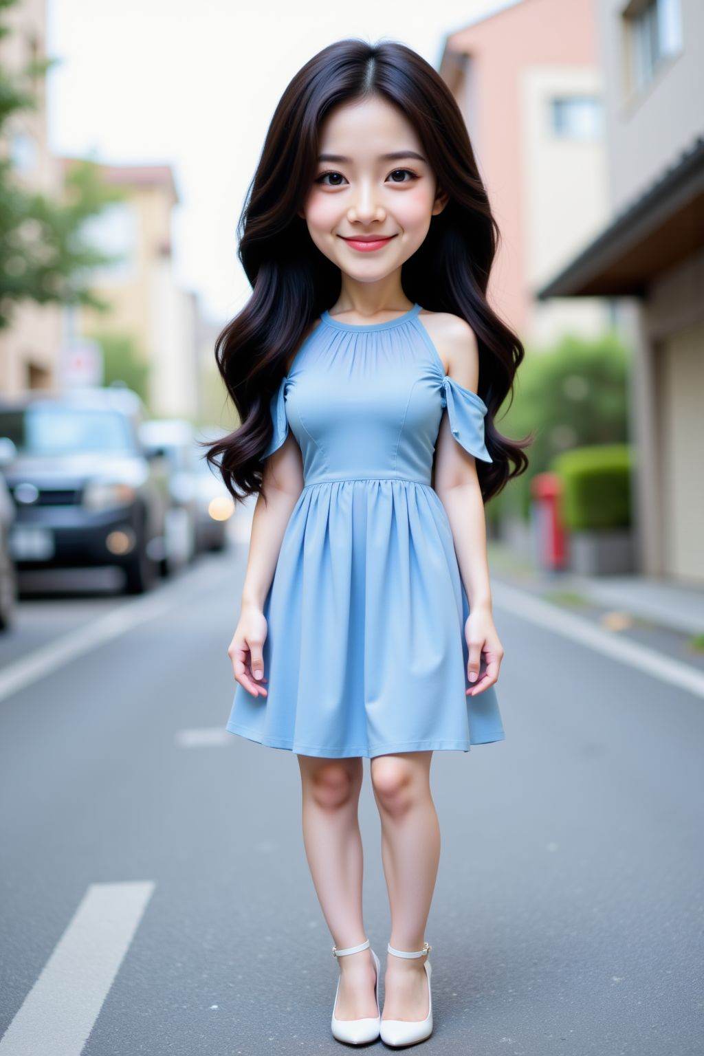 <lora:20250503_AgainCharactersF1Lora:1>, The image is a high-resolution photograph featuring a young woman,mature,solo,looking at viewer,smile,black long hair,standing,full body,blue dress,high heel shoes,outdoors,realistic,chibi,street,car,