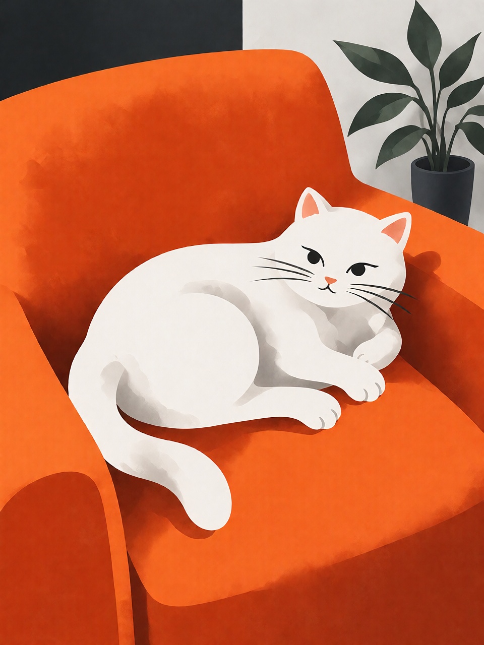 A white cat curled up on an orange armchair,  soft volumetric vector-like illustration,  rounded silhouette on Tensor.Art