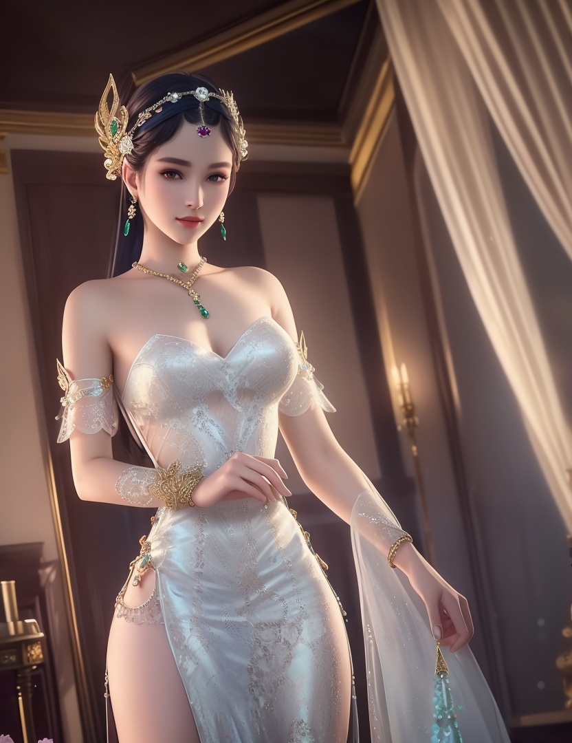 ultra realistic 8k cg, picture-perfect face, flawless, clean, masterpiece, professional artwork, famous artwork, cinematic lighting, cinematic bloom, perfect face, beautiful face, fantasy, dreamlike, unreal, science fiction,  beautiful clothes, lace, lace trim, lace-trimmed legwear,  (rich:1.4), prestige, luxury, jewelry, diamond, gold, pearl, gem, sapphire, ruby, emerald, intricate detail, delicate pattern, charming, alluring, seductive, erotic, enchanting, hair ornament, necklace, earrings, bracelet, armlet,halo((,1girl, pov,))(((,  1girl,  solo,looking at viewer, ))),(((1girl, solo, dress, jewelry)))<lora:DA_WhiteSnakeGreenSnake:0.7>