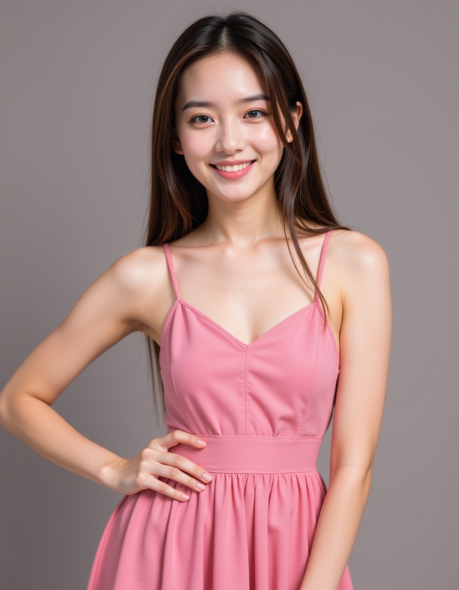 teenage,1girl,waist up,realistic,pink dress,