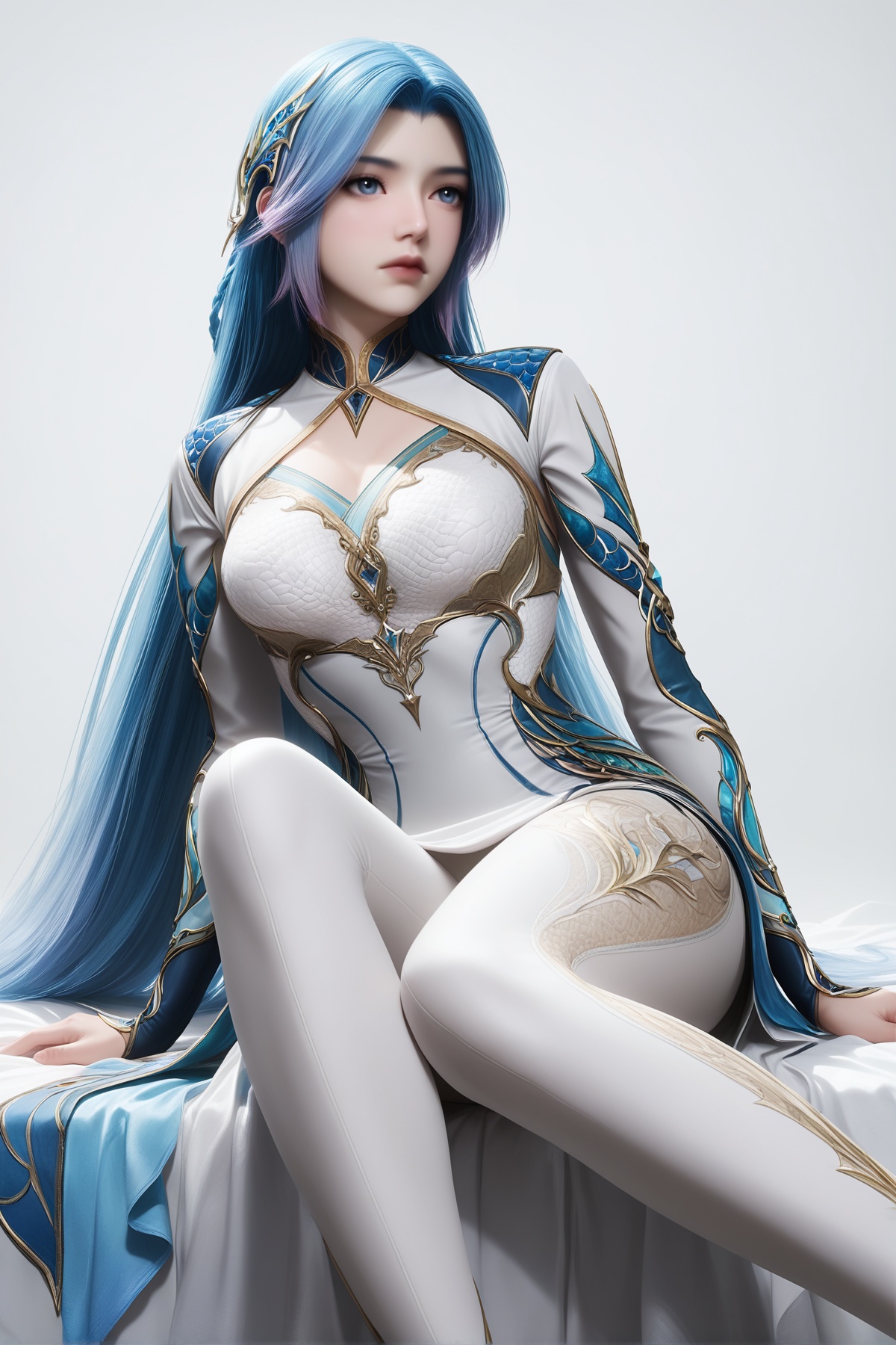 masterpiece,best quality,realistic,cinematic,detail eyes,(ultra-detailed),perfect composition,intricate details,absurdres,detailed face,high quality,high res,8K,<lora:X_wangqiuer_IL3.0:0.8>,blue hair,multicolored hair,blue eyes,1girl,long hair,breast,medium breast,hair_ornament,dress,high split white dress,white_dress,white leather pantyhose,sitting,bed,simple background,white_background,