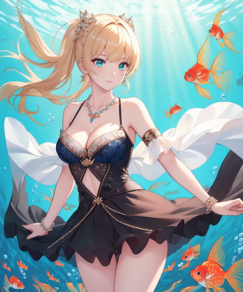 (,1girl, ,best quality, ),looking at viewer, <lora:457-DA-天启姬:0.8> ,, ,masterpiece, ((((, solo,  goldfish, ,solo focus, ,underwater, )))) ,ultra realistic 8k cg,   clean, masterpiece,     cinematic lighting, cinematic bloom,  (( , )),, , unreal, science fiction, luxury, jewelry, diamond, gold, pearl, gem, sapphire, ruby, emerald, intricate detail, delicate pattern, charming, alluring, seductive, erotic, enchanting, hair ornament, necklace, earrings, bracelet, armlet,,(cleavage),
