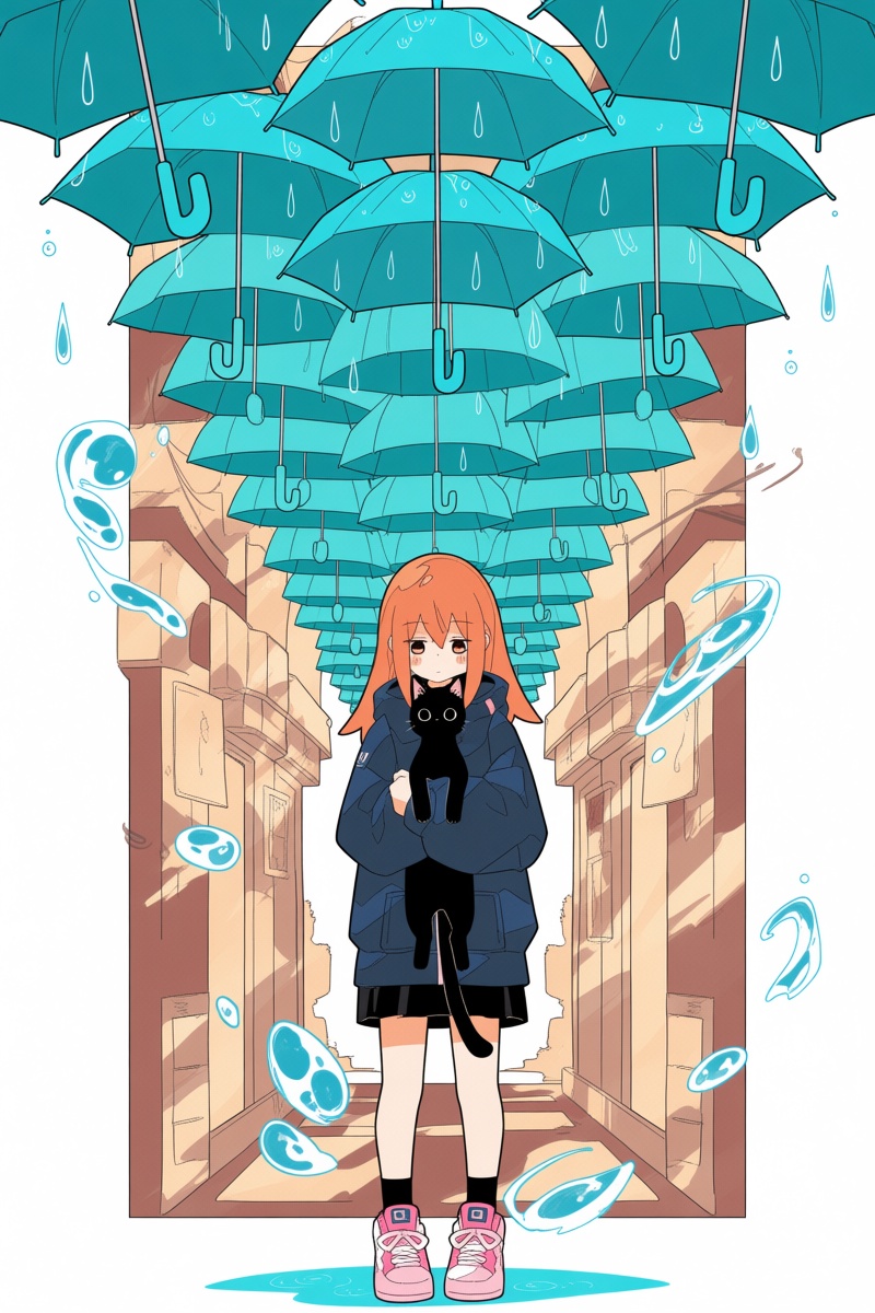 @hrlrst,  A young girl with long orange hair stands in the center of the image,  holding a small black cat close to her ch...