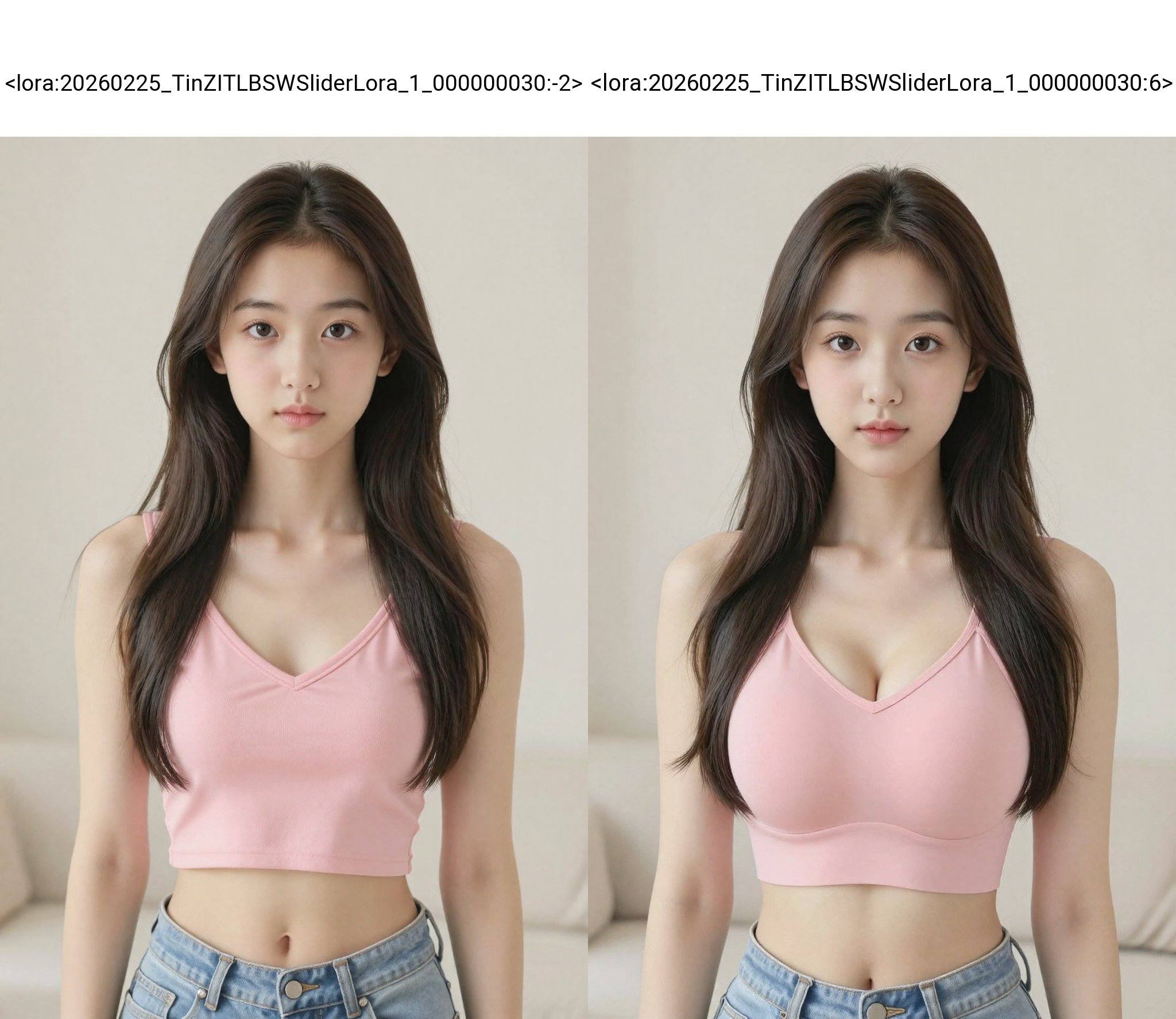 <lora:20260225_TinZITLBSWSliderLora_1_000000030:-2>, A young Asian woman, likely in her early twenties, is centered in the frame, facing the viewer directly. She has long, dark brown hair styled with a slight wave. The woman has a fair complexion, with delicate facial features, including soft brown eyes and a neutral expression. She is wearing a pink V-neck crop top that reveals her midriff and light-wash blue jeans. Her build appears slender and toned. The background is a soft, blurred off-white suggesting a neutral interior space. The lighting is soft and diffused, highlighting the woman's features. The overall atmosphere is clean and contemporary. The image uses a mid-shot composition, placing the emphasis on the woman's upper body and outfit. The style suggests a digitally generated or stylized portrait. 