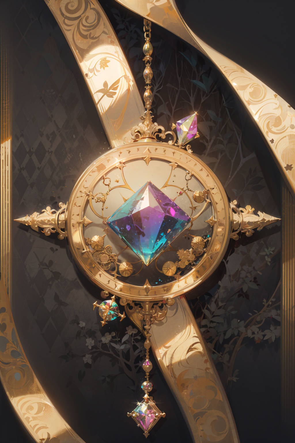 masterpiece,best quality,no humans,gold line,gold,argyle,argyle background,gem,glowing,gold trim,jewelry,magic circle,symbol,crystal,fantasy,still life,badge,
